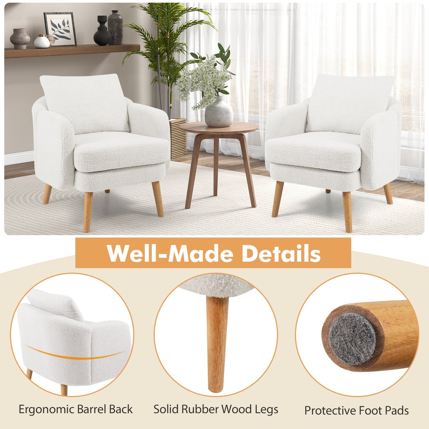 Modern Sherpa Upholstered Accent Chair with Plush Cushion and Wooden Legs – White