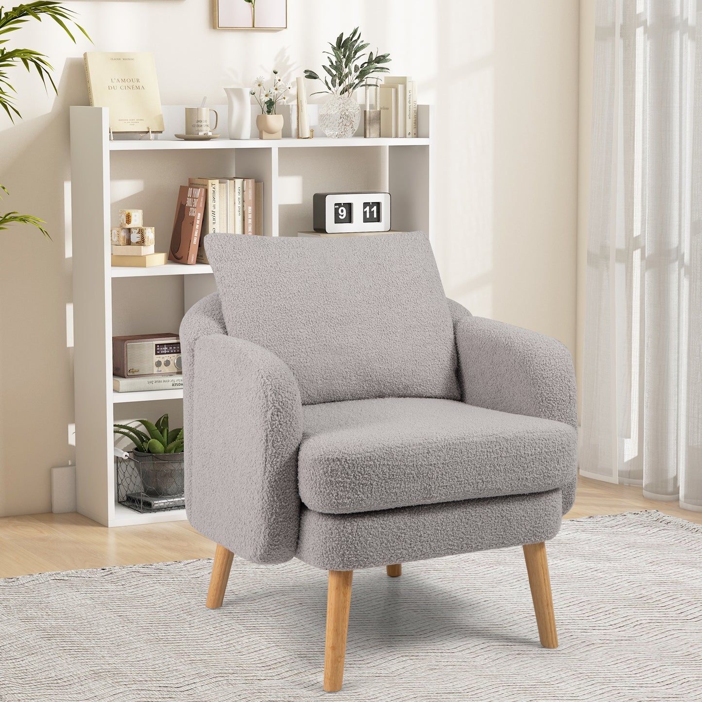Modern Sherpa Upholstered Accent Chair with Plush Cushion and Wooden Legs – Grey