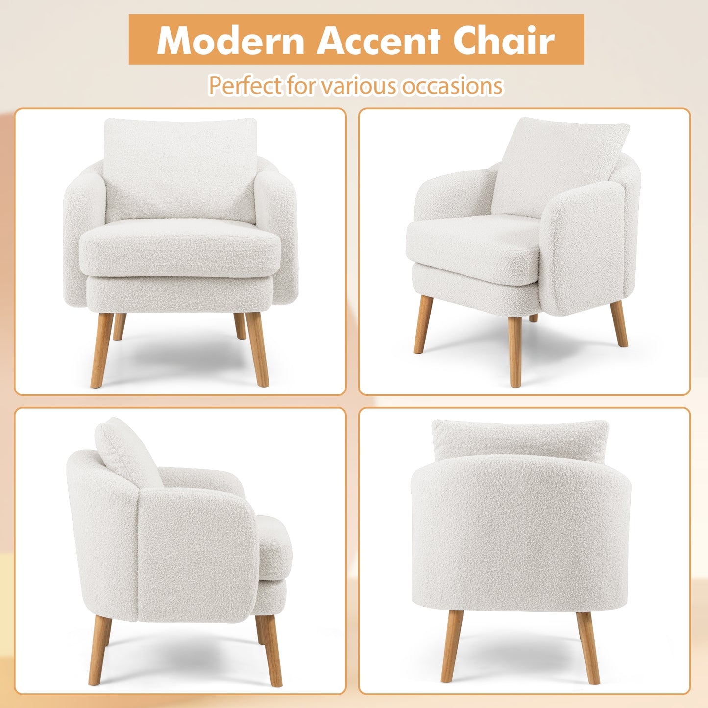 Modern Sherpa Upholstered Accent Chair with Plush Cushion and Wooden Legs – White