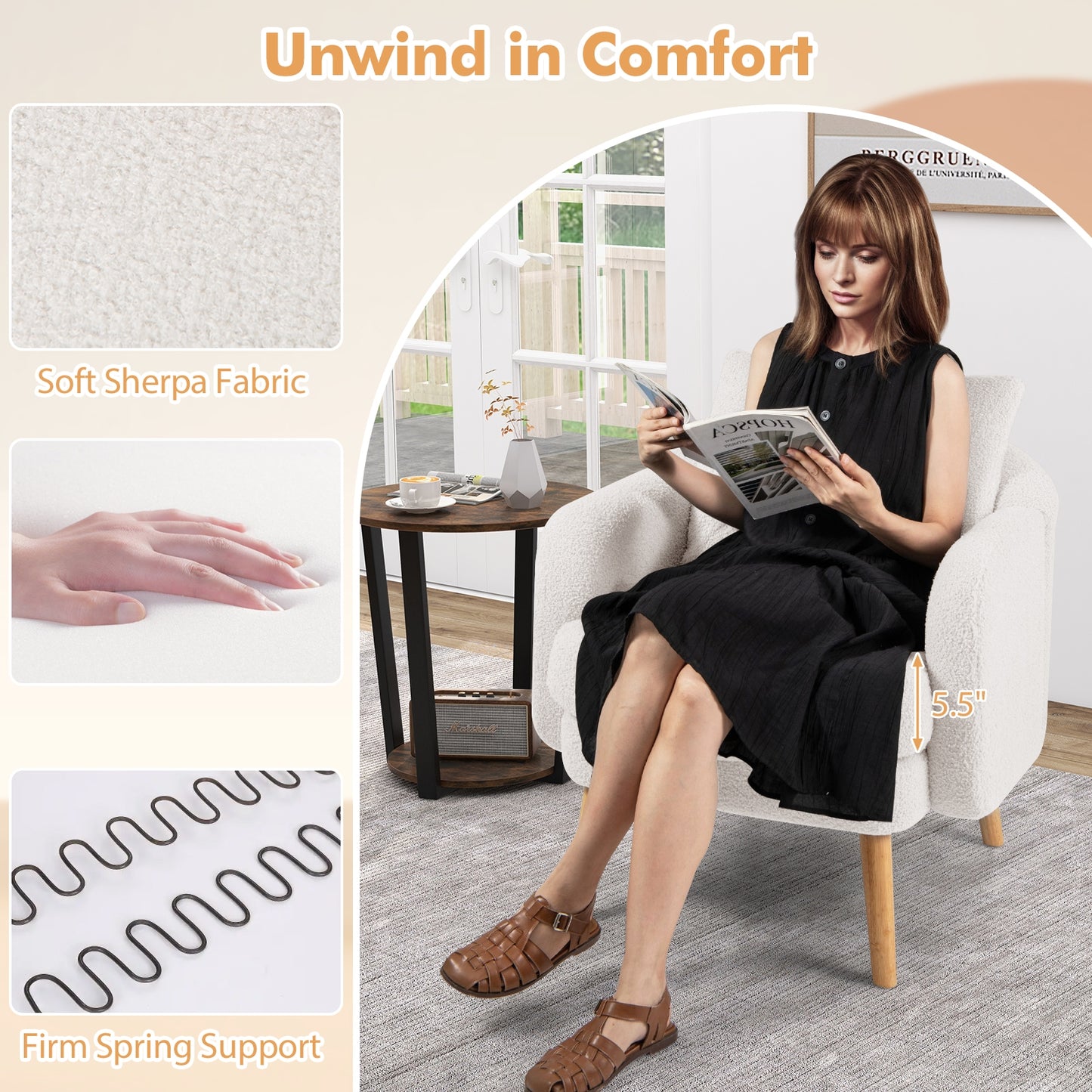 Modern Sherpa Upholstered Accent Chair with Plush Cushion and Wooden Legs – White