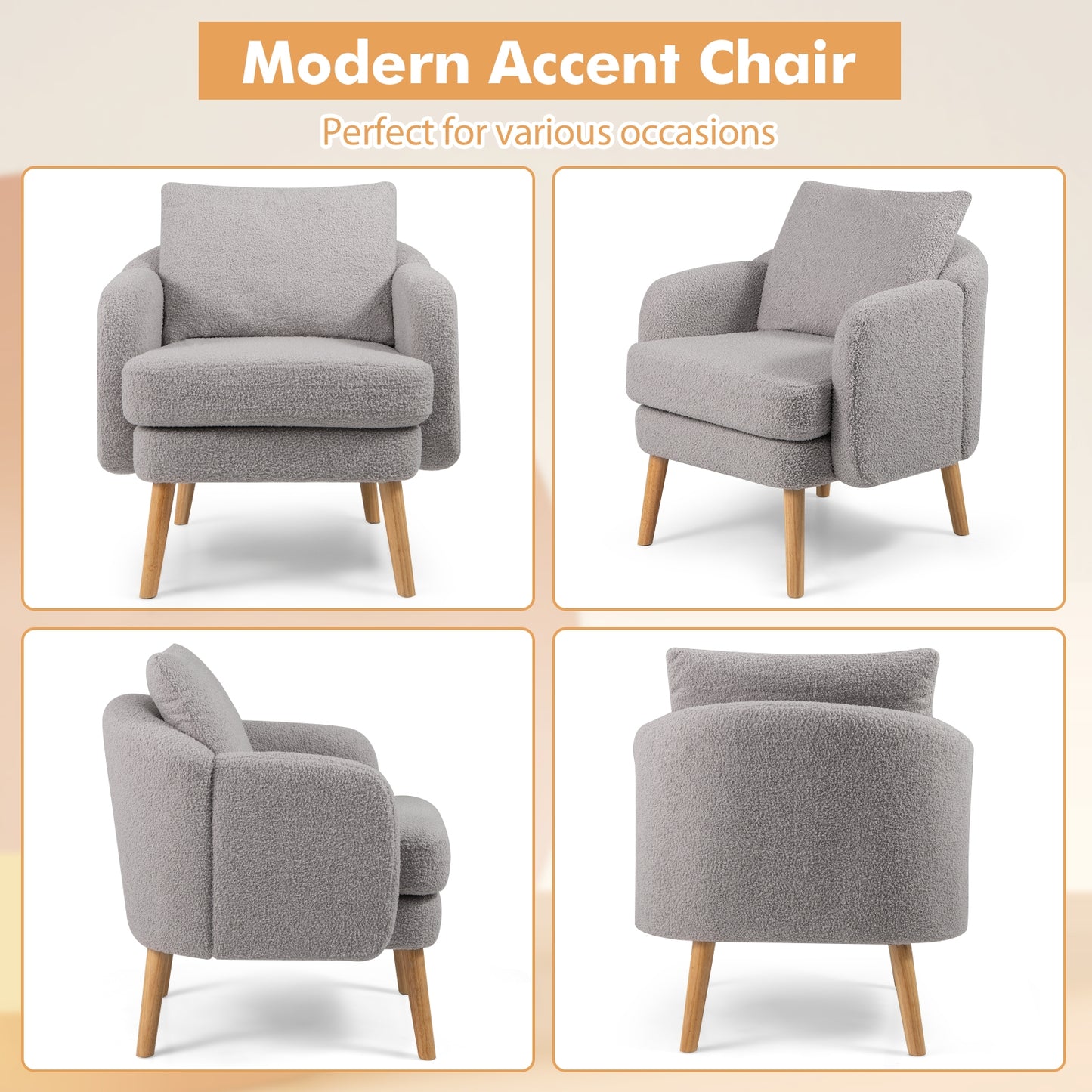 Modern Sherpa Upholstered Accent Chair with Plush Cushion and Wooden Legs – Grey