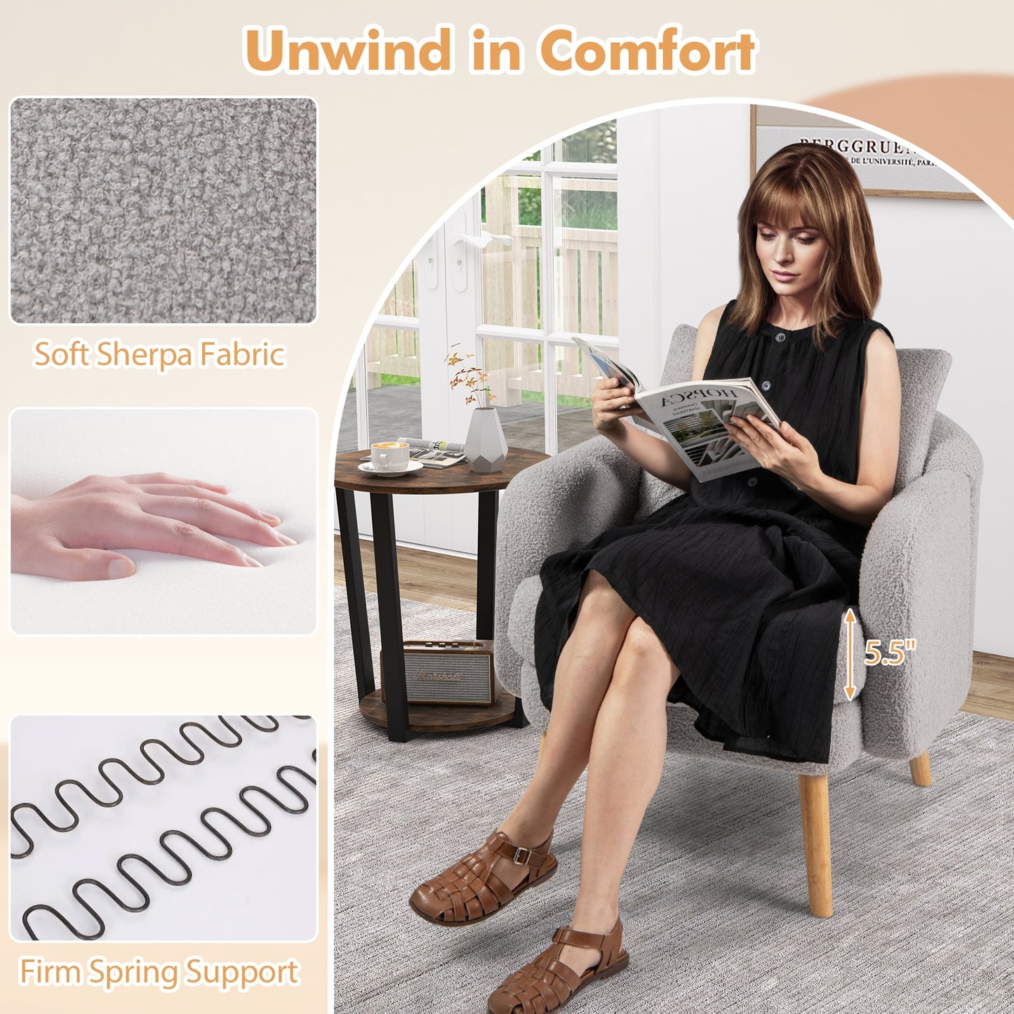 Modern Sherpa Upholstered Accent Chair with Plush Cushion and Wooden Legs – Grey