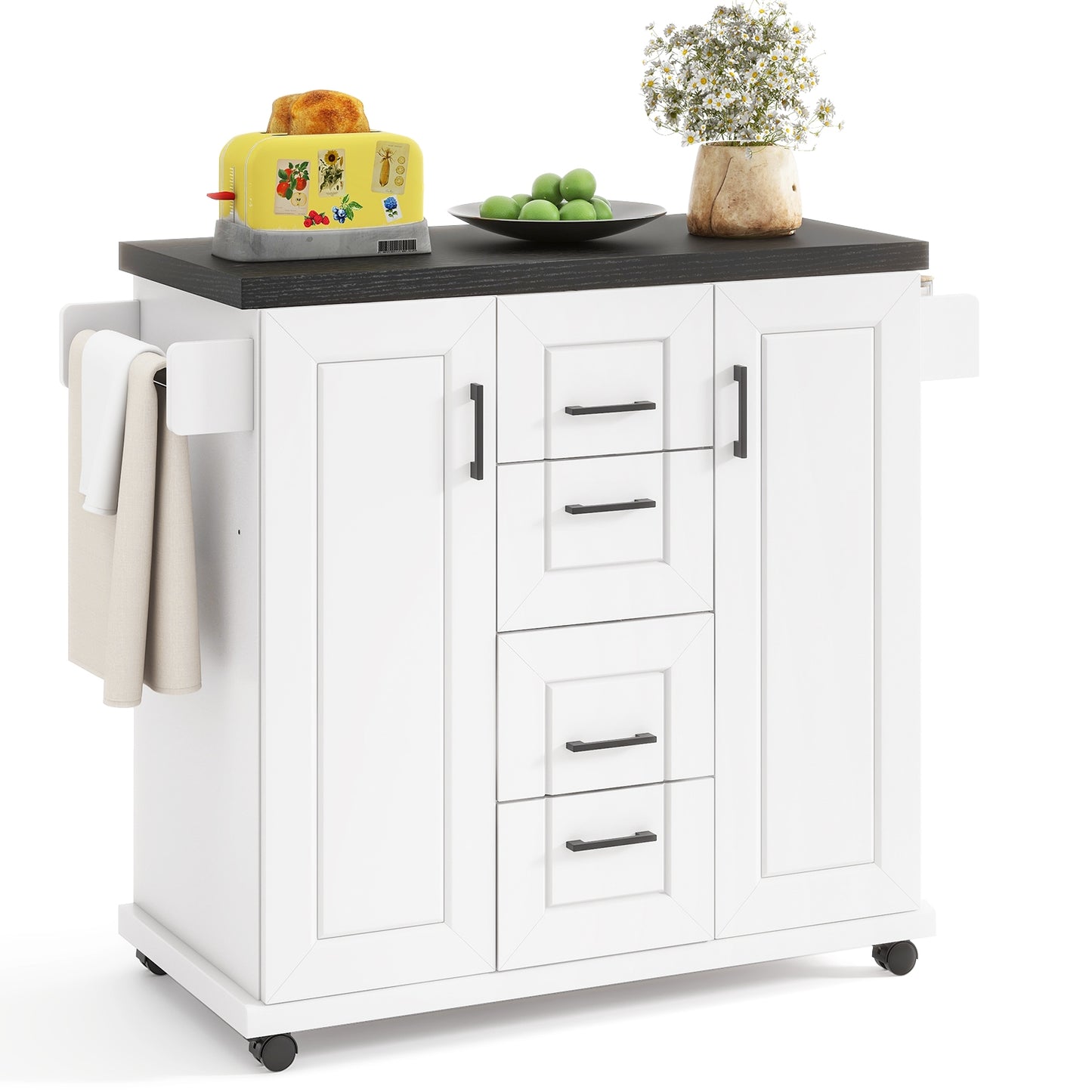 Kitchen Island Cart with Storage Drawers Wheels and Spice Rack