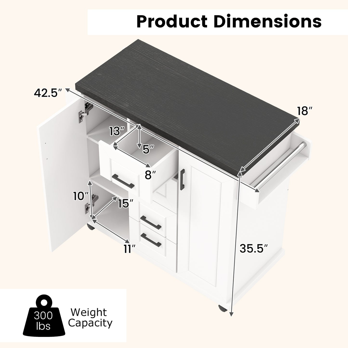 Kitchen Island Cart with Storage Drawers Wheels and Spice Rack