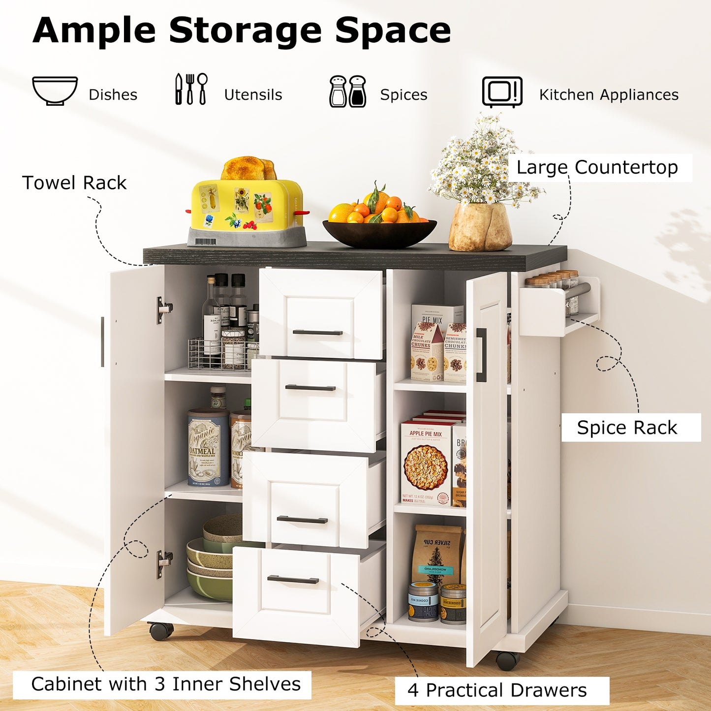Kitchen Island Cart with Storage Drawers Wheels and Spice Rack