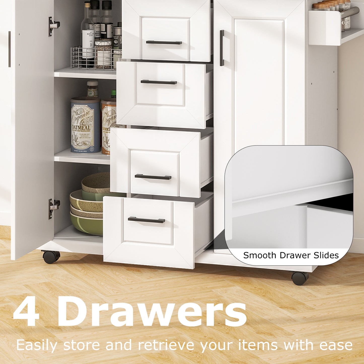 Kitchen Island Cart with Storage Drawers Wheels and Spice Rack