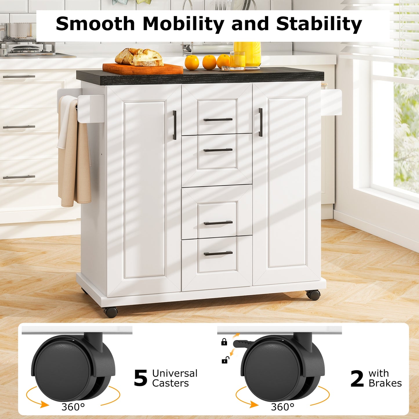 Kitchen Island Cart with Storage Drawers Wheels and Spice Rack