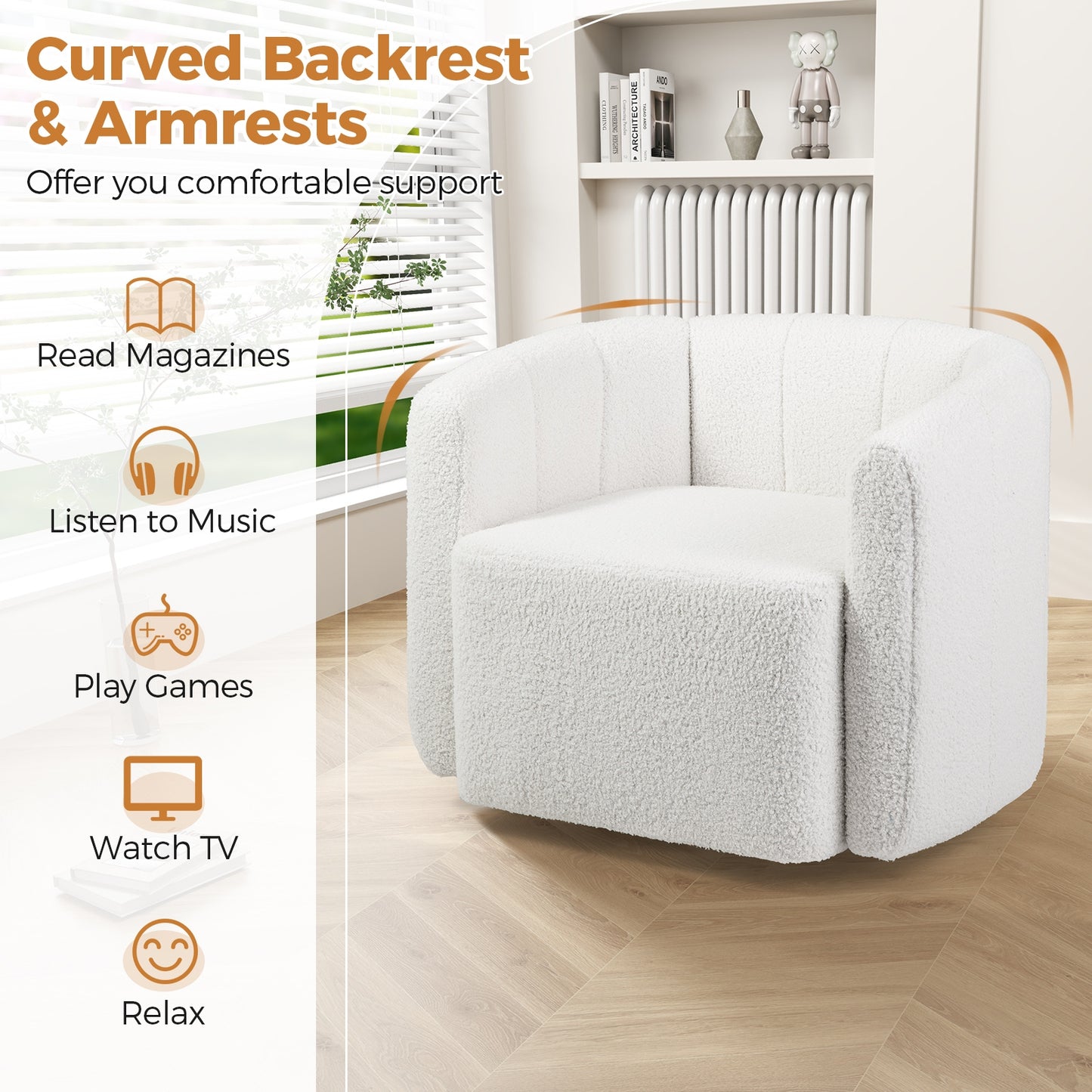 Contemporary Sherpa Upholstered Accent Chair with Ergonomic Curved Back and Armrests