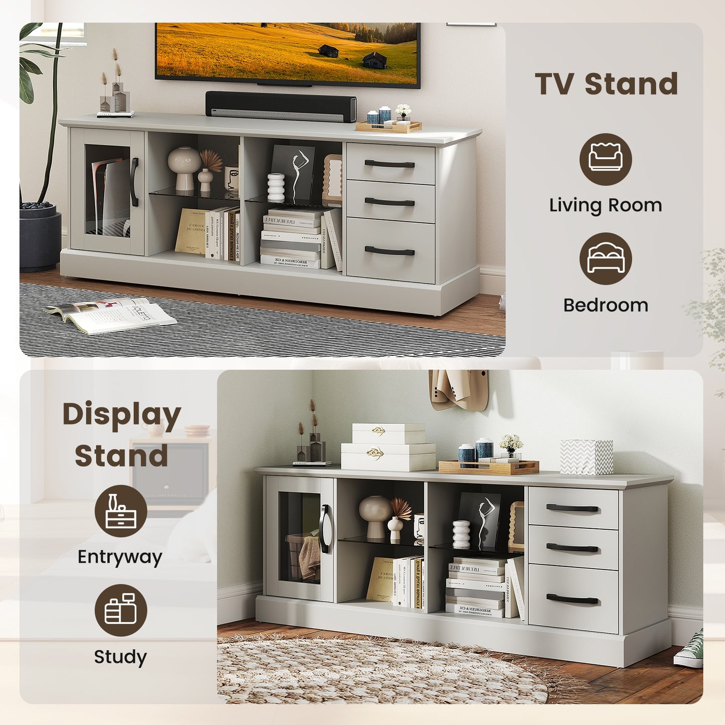 Media Console Table 63 Inch with 3 Drawers 2 Glass Shelves Supports TVs up to 73 Inches - Grey