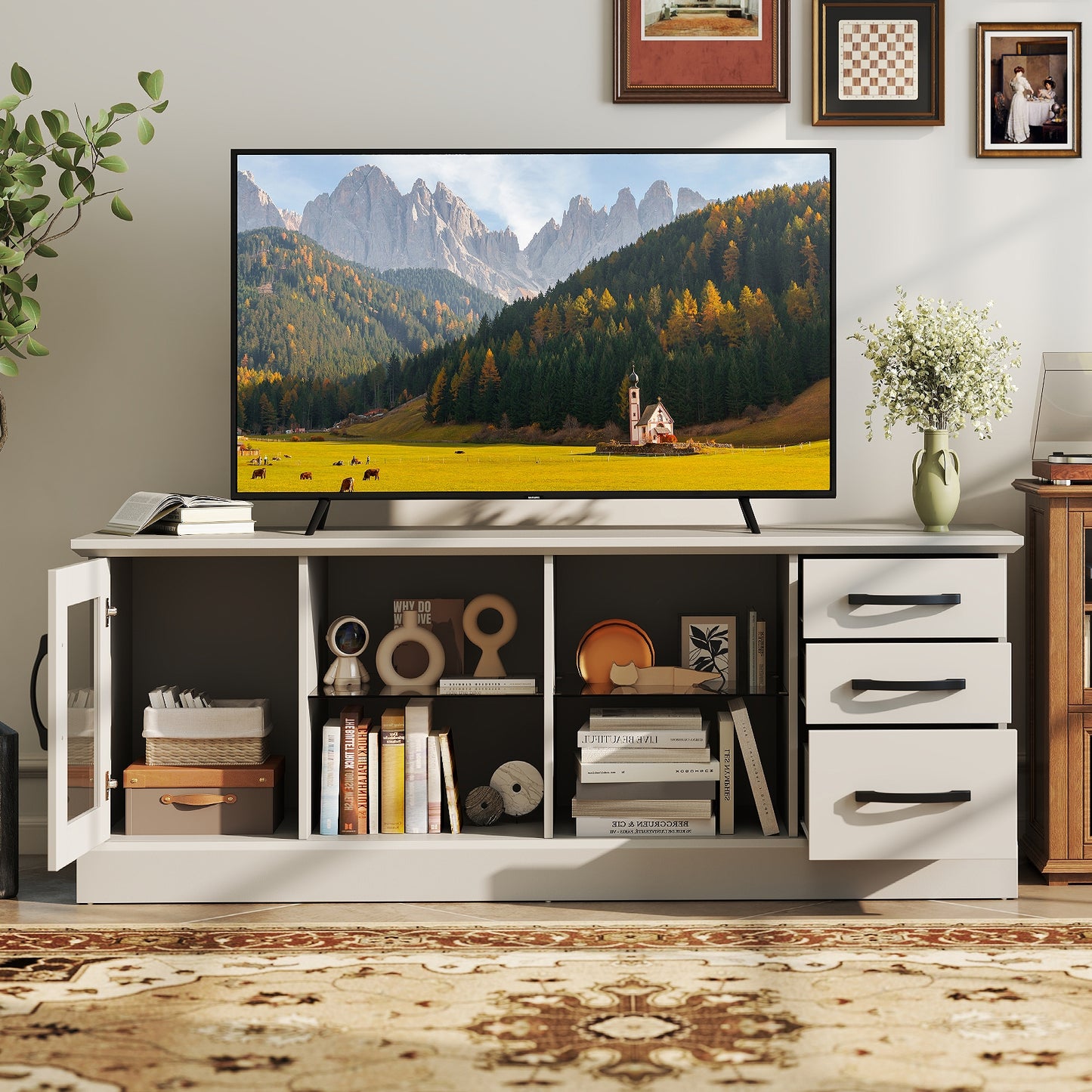 Media Console Table 63 Inch with 3 Drawers 2 Glass Shelves Supports TVs up to 73 Inches - Grey