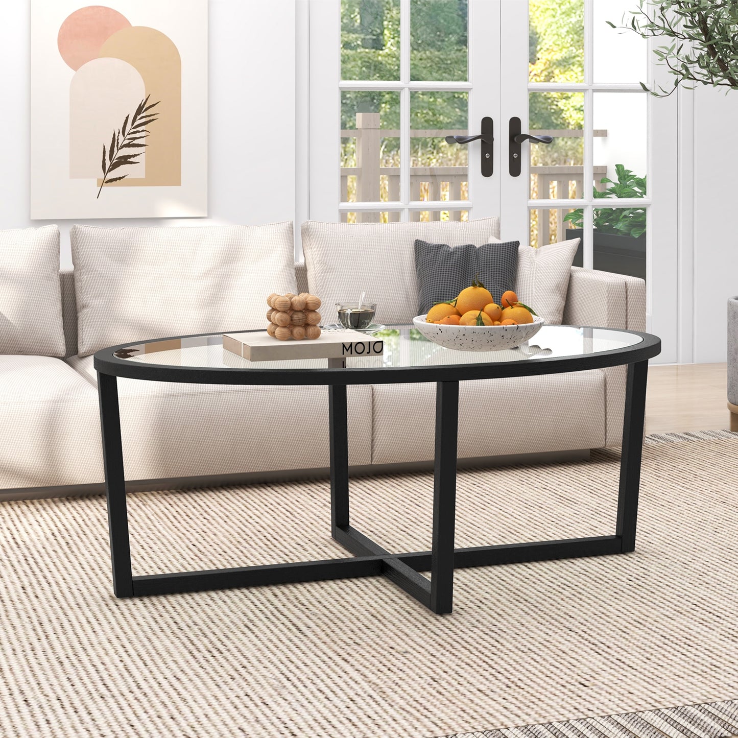 Oval Tempered Glass Coffee Table with Cross Base and Solid Acacia Wood Legs for Living Room