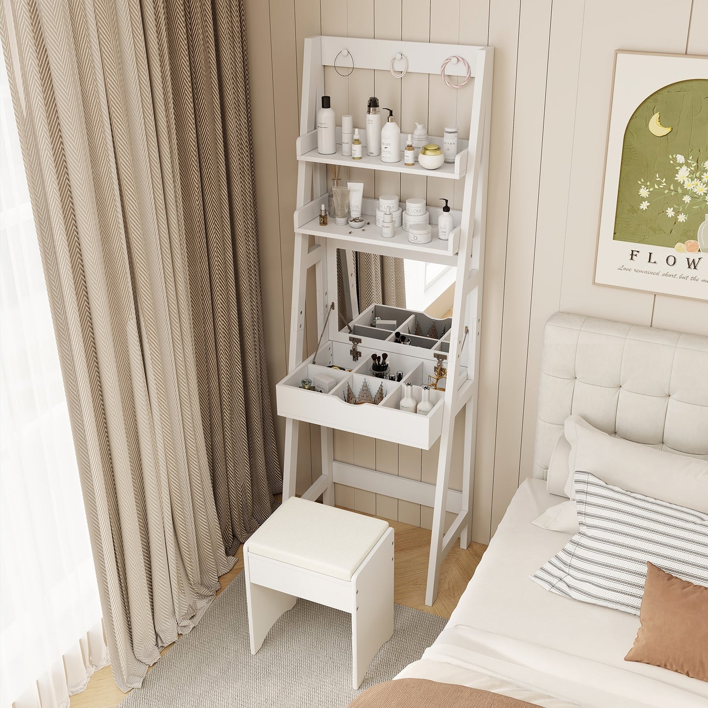 Compact Vanity Table Set with Lift-Up Mirror, Built-In Storage and Cushioned Stool