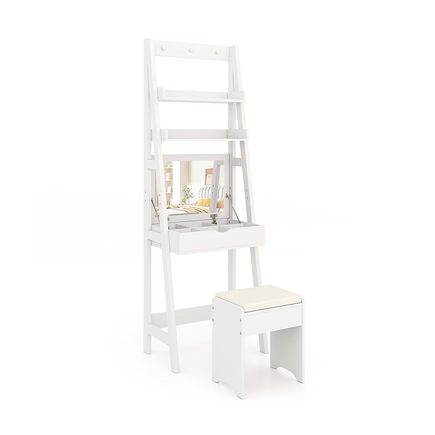 Compact Vanity Table Set with Lift-Up Mirror, Built-In Storage and Cushioned Stool