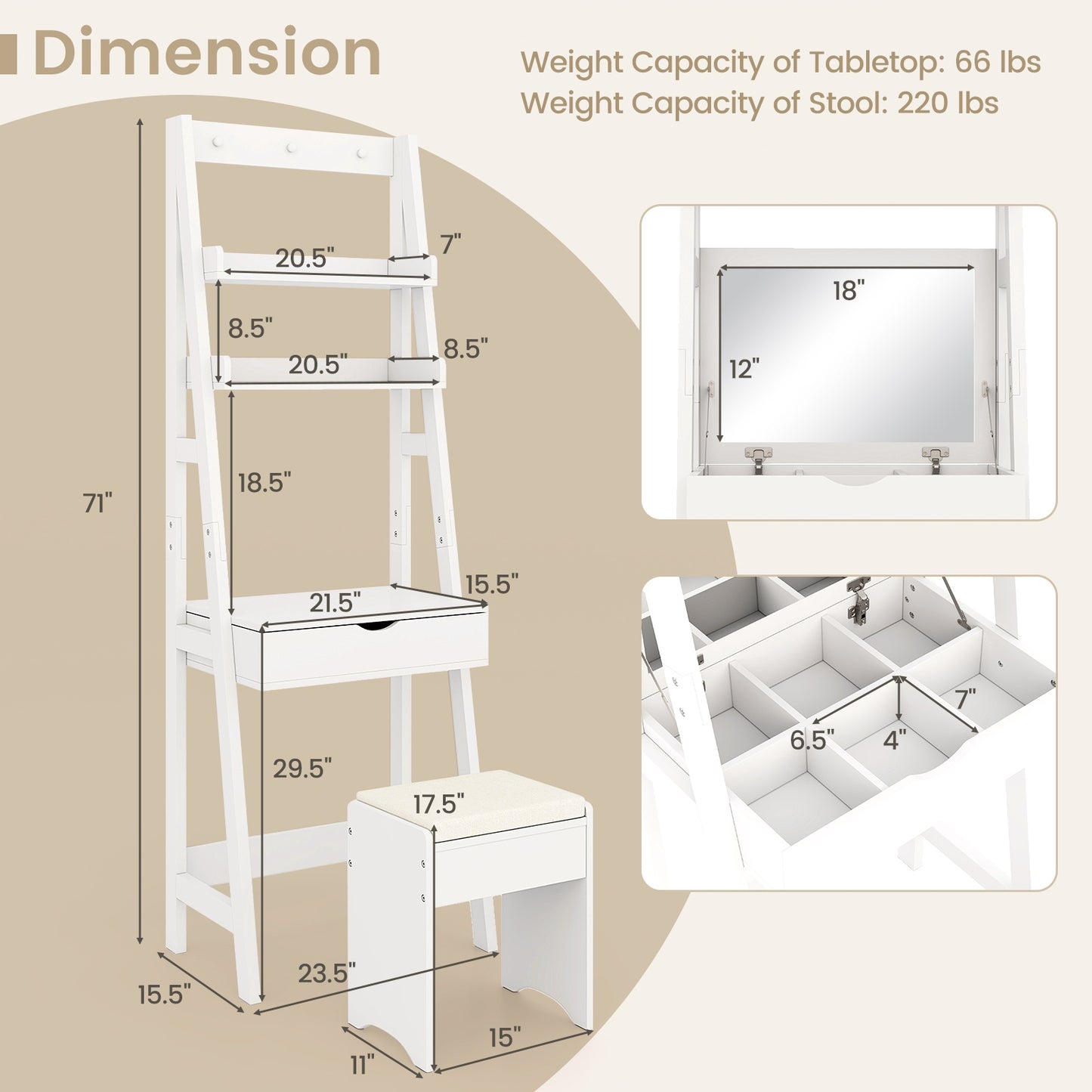 Compact Vanity Table Set with Lift-Up Mirror, Built-In Storage and Cushioned Stool