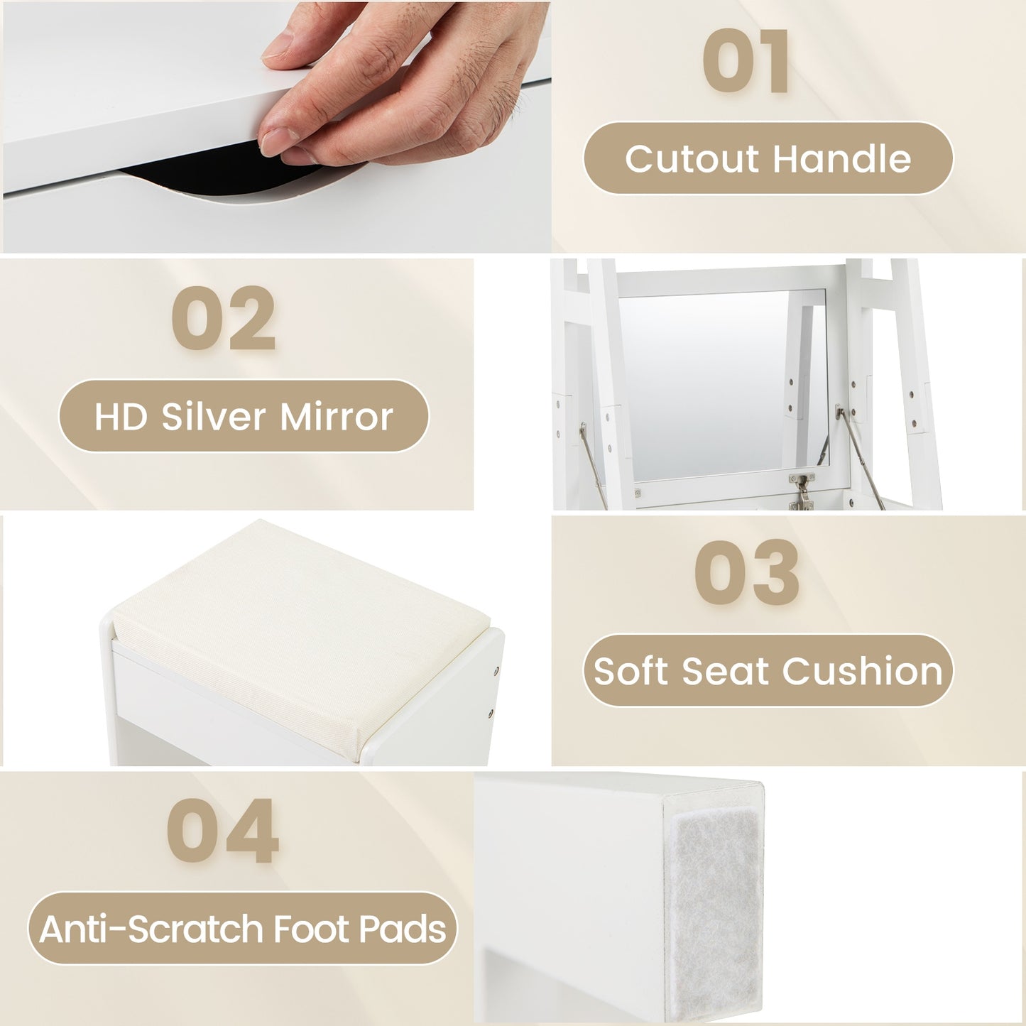 Compact Vanity Table Set with Lift-Up Mirror, Built-In Storage and Cushioned Stool
