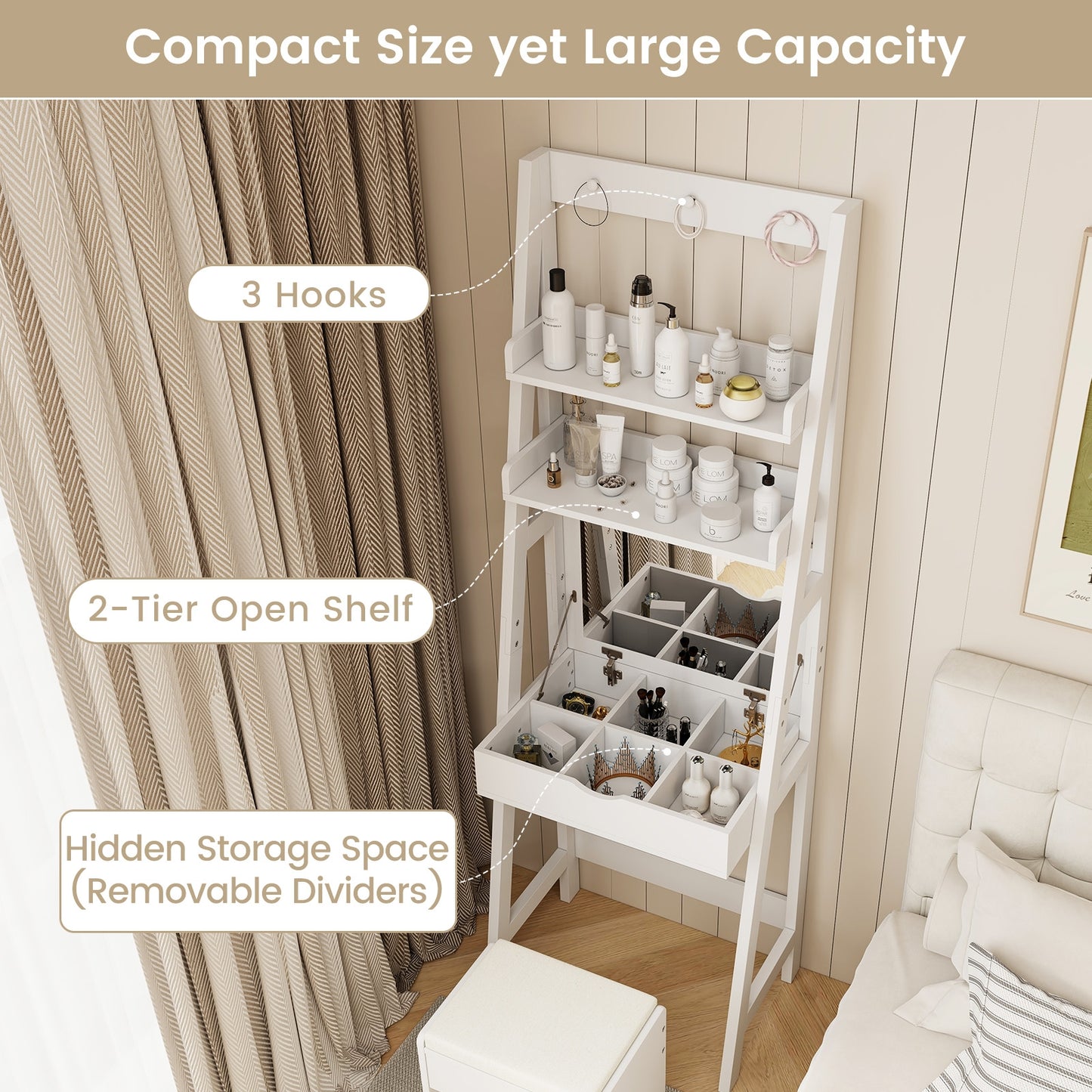 Compact Vanity Table Set with Lift-Up Mirror, Built-In Storage and Cushioned Stool