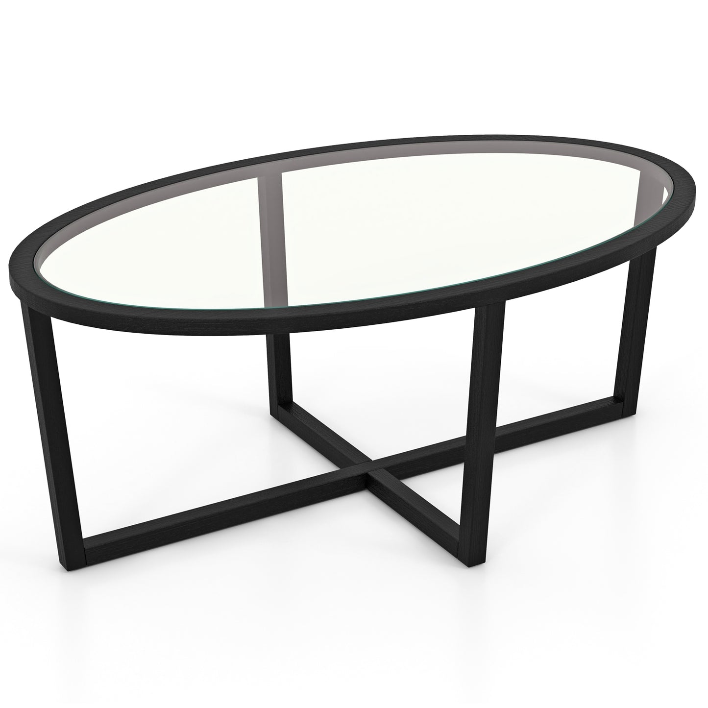 Oval Tempered Glass Coffee Table with Cross Base and Solid Acacia Wood Legs for Living Room