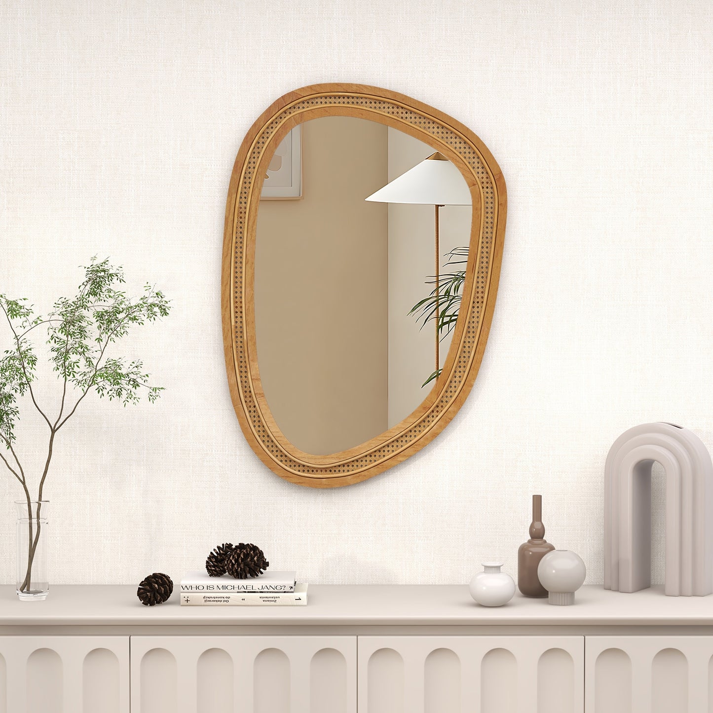 Chic Boho 33" x 23.5" Irregular PVC Rattan Wall Mirror with Wooden Frame