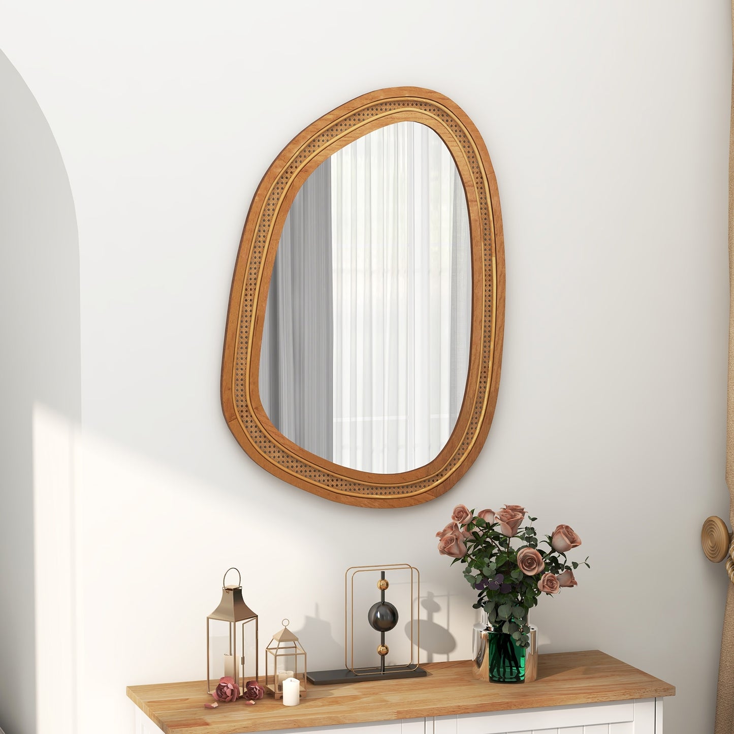 Chic Boho 33" x 23.5" Irregular PVC Rattan Wall Mirror with Wooden Frame