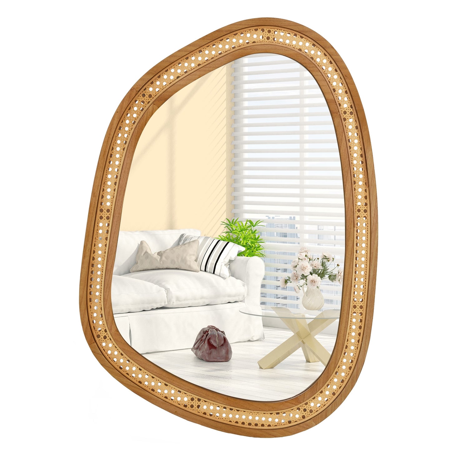 Chic Boho 33" x 23.5" Irregular PVC Rattan Wall Mirror with Wooden Frame