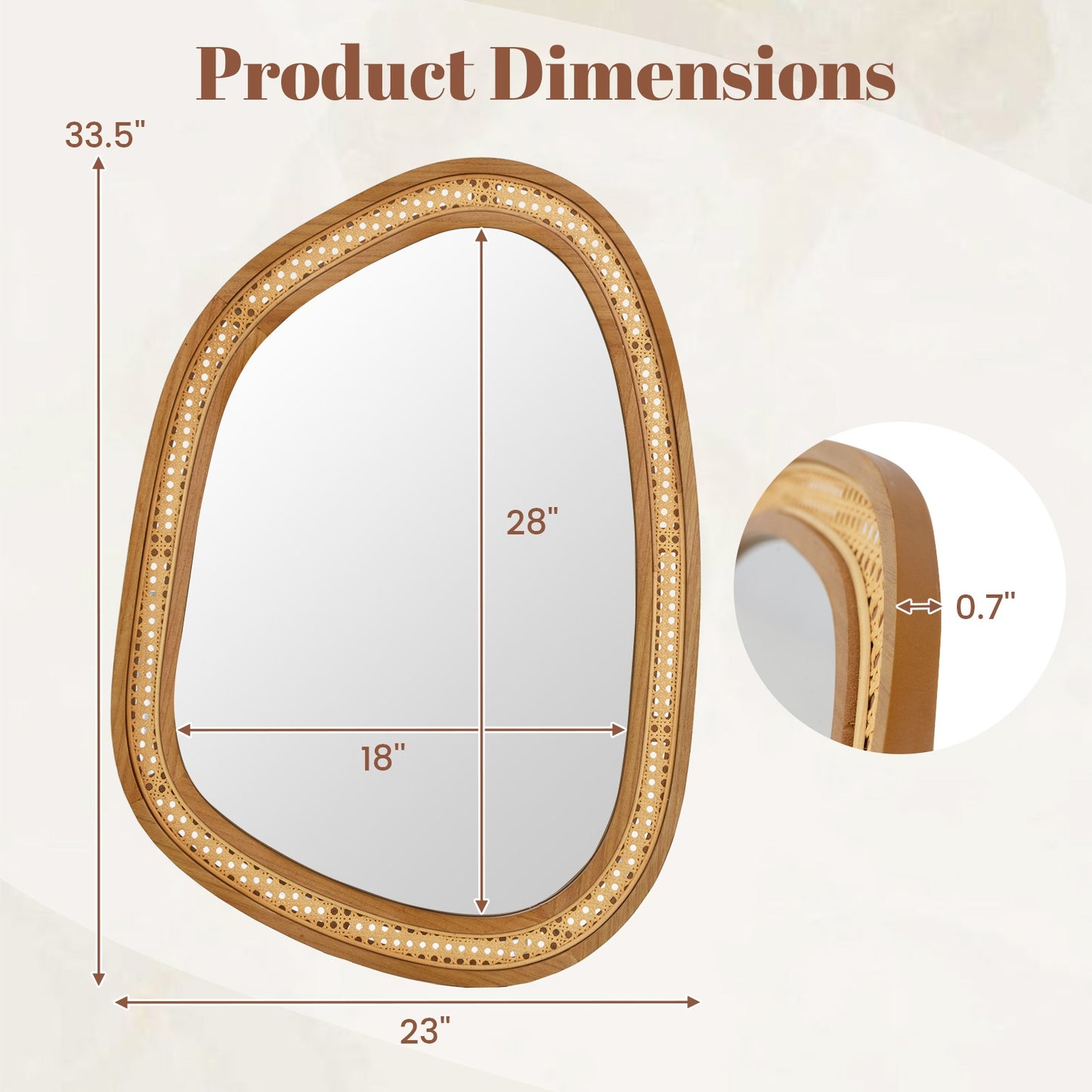 Chic Boho 33" x 23.5" Irregular PVC Rattan Wall Mirror with Wooden Frame