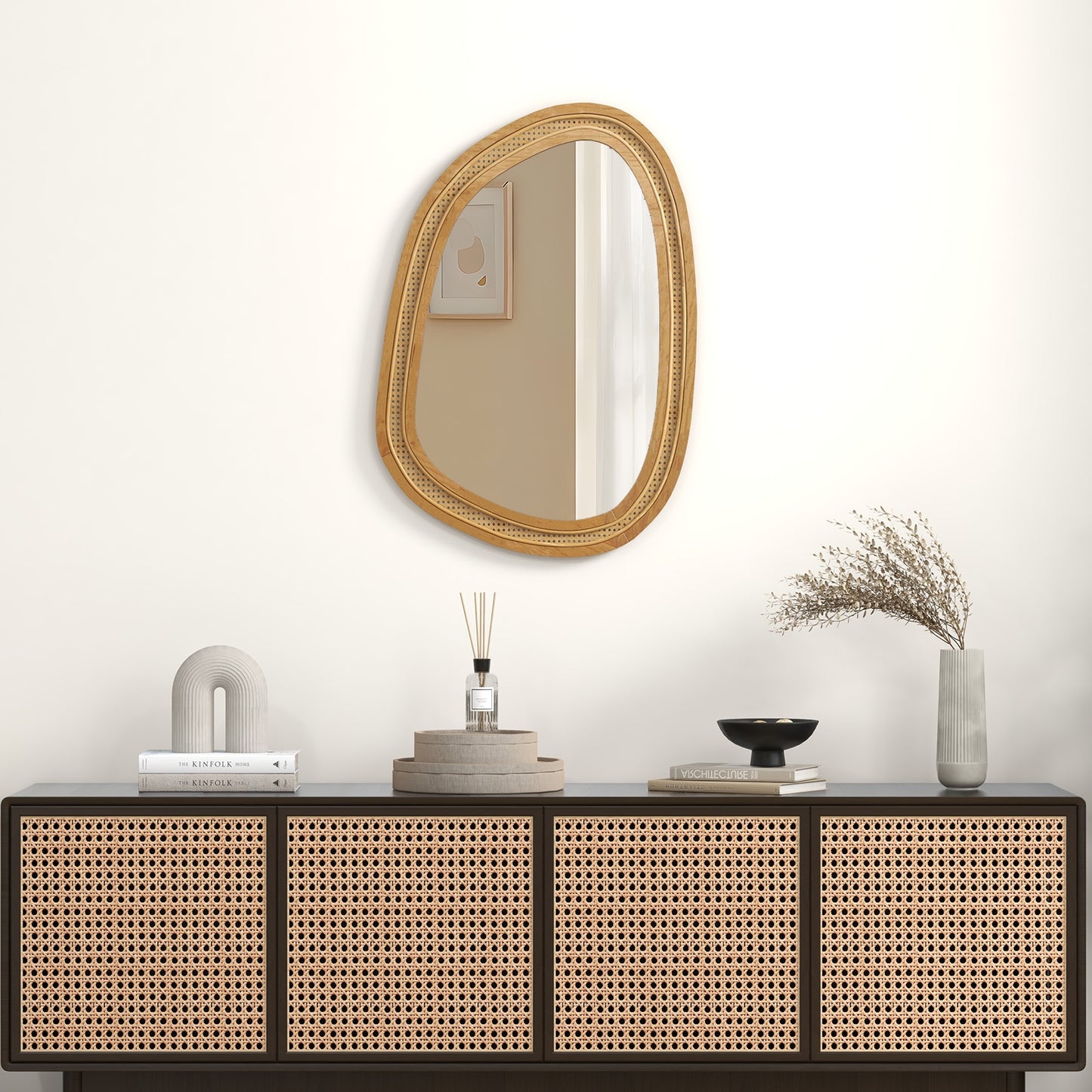 Chic Boho 33" x 23.5" Irregular PVC Rattan Wall Mirror with Wooden Frame