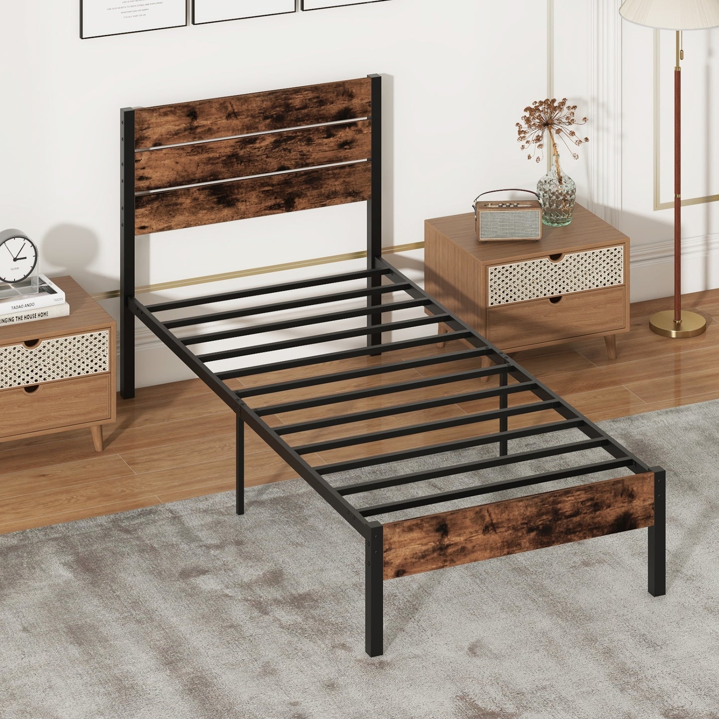 Rustic Brown Metal Platform Bed Frame with Slatted Headboard and Mute Bar – Twin Size