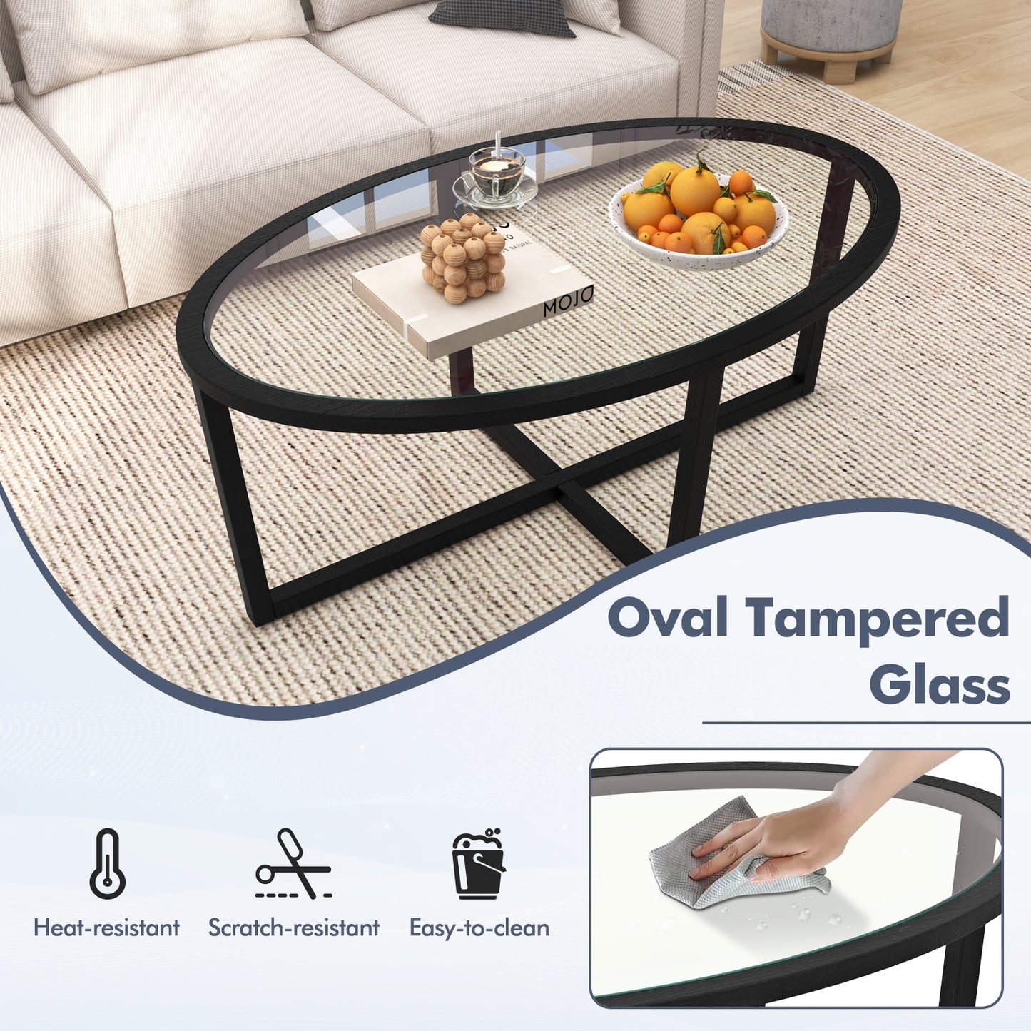 Oval Tempered Glass Coffee Table with Cross Base and Solid Acacia Wood Legs for Living Room