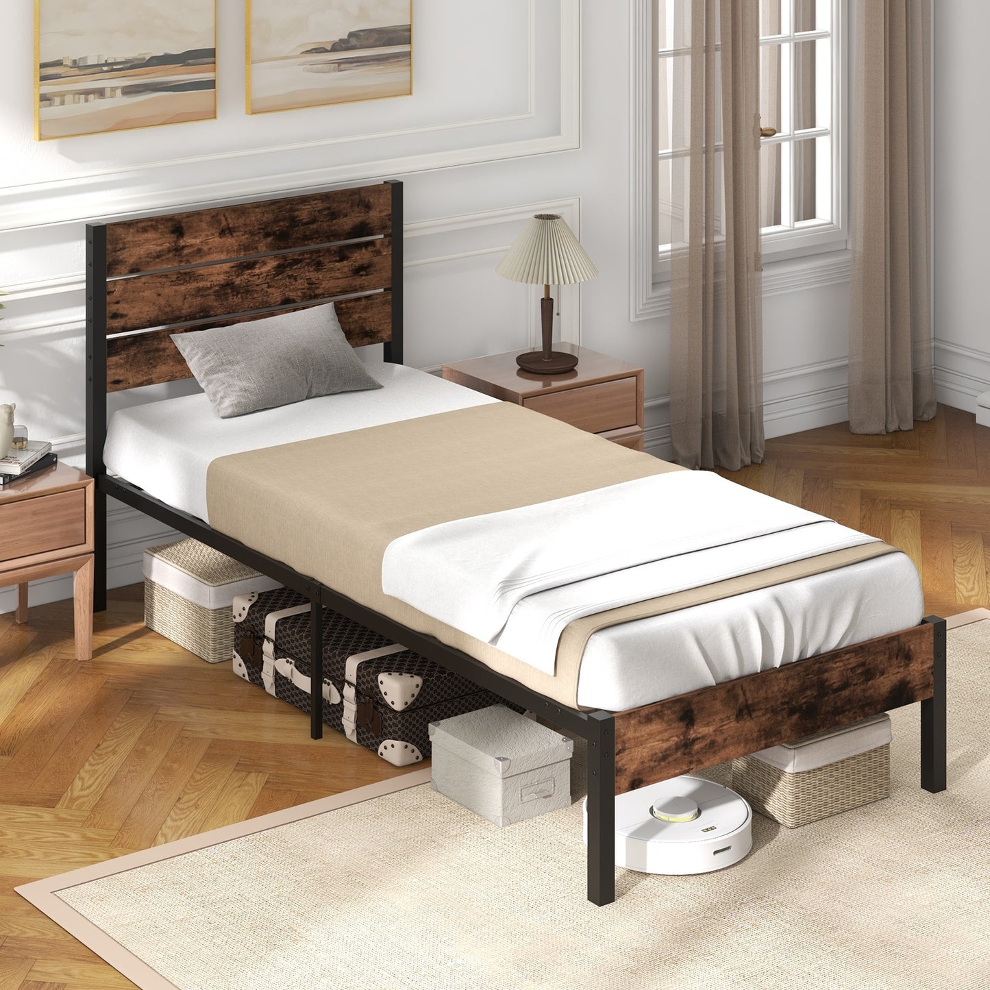 Rustic Brown Metal Platform Bed Frame with Slatted Headboard and Mute Bar – Twin Size