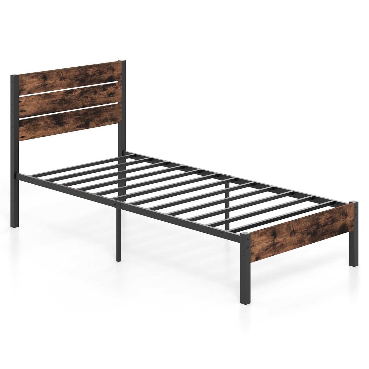 Rustic Brown Metal Platform Bed Frame with Slatted Headboard and Mute Bar – Twin Size