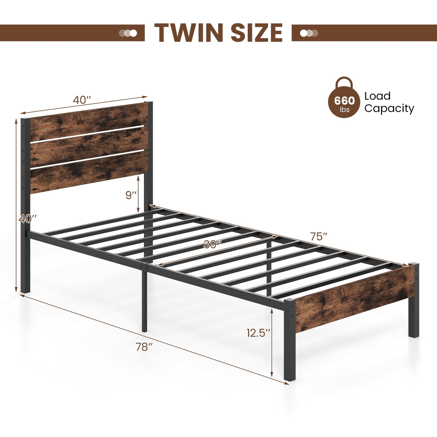 Rustic Brown Metal Platform Bed Frame with Slatted Headboard and Mute Bar – Twin Size
