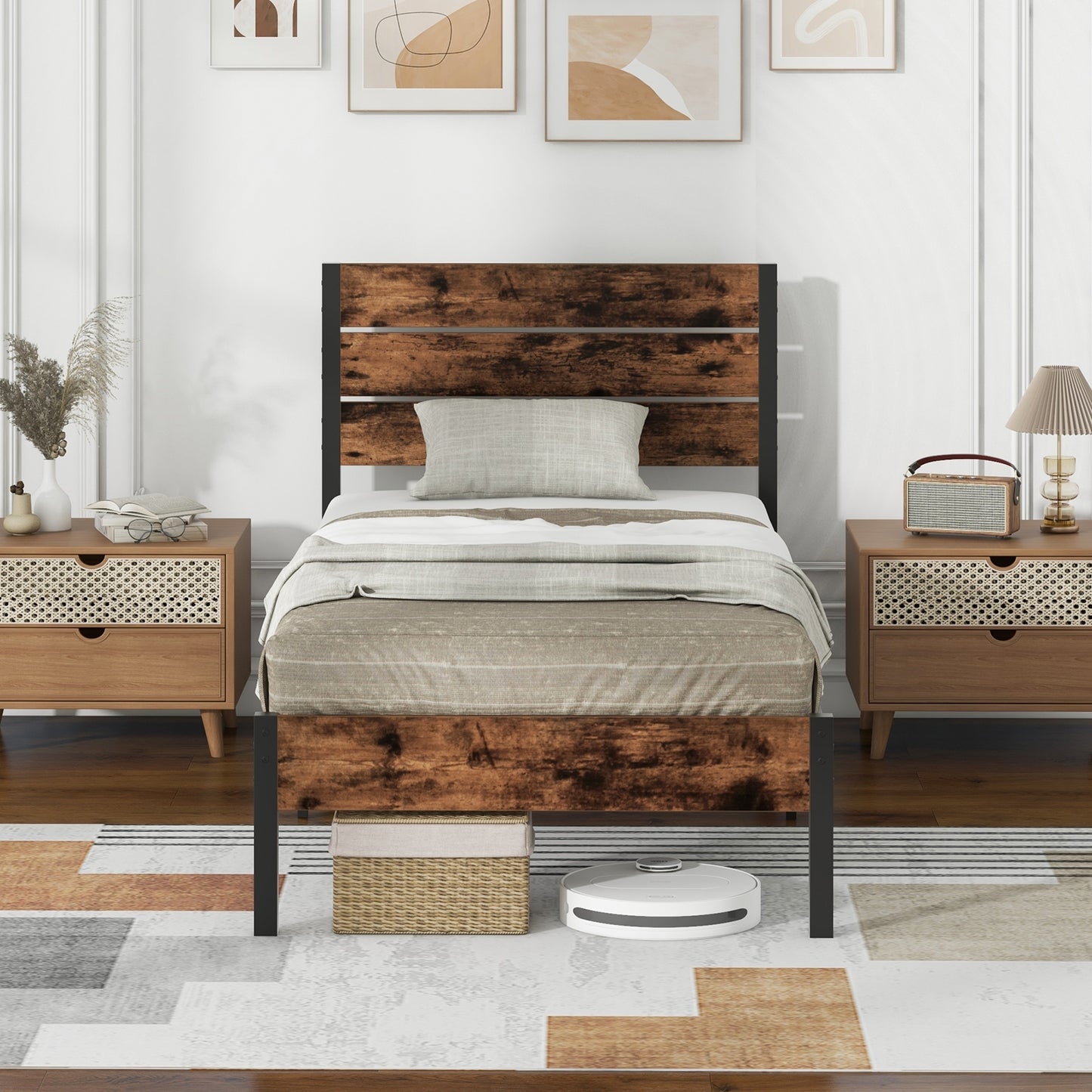 Rustic Brown Metal Platform Bed Frame with Slatted Headboard and Mute Bar – Twin Size