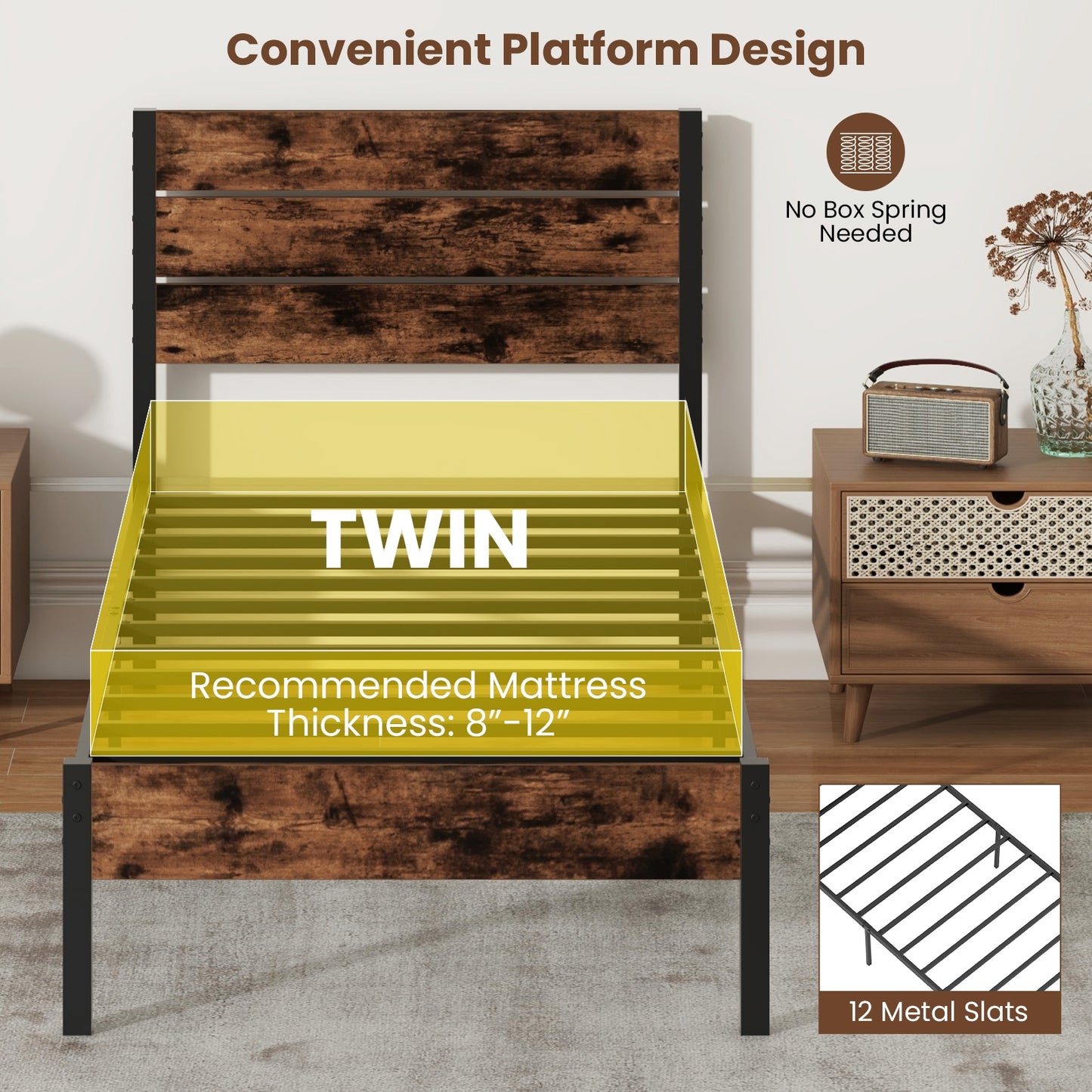 Rustic Brown Metal Platform Bed Frame with Slatted Headboard and Mute Bar – Twin Size