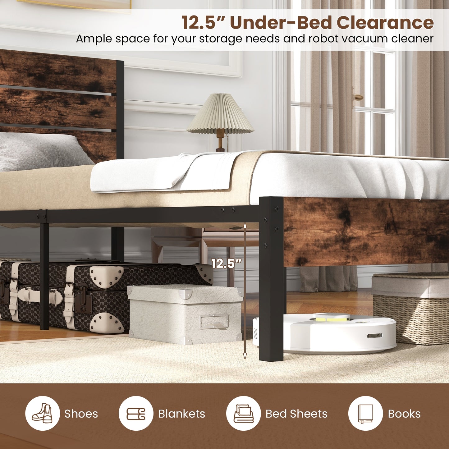 Rustic Brown Metal Platform Bed Frame with Slatted Headboard and Mute Bar – Twin Size