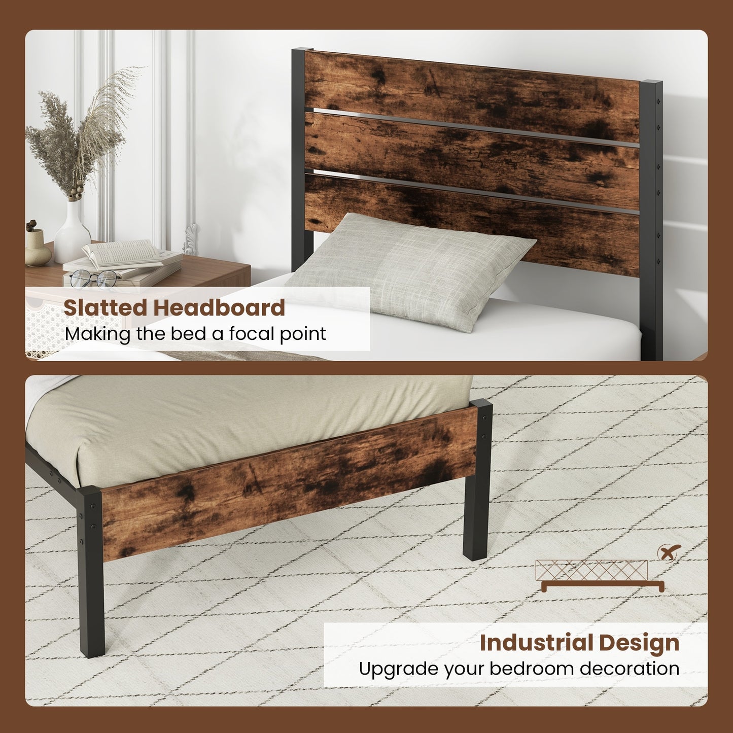 Rustic Brown Metal Platform Bed Frame with Slatted Headboard and Mute Bar – Twin Size