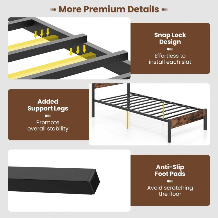Rustic Brown Metal Platform Bed Frame with Slatted Headboard and Mute Bar – Twin Size