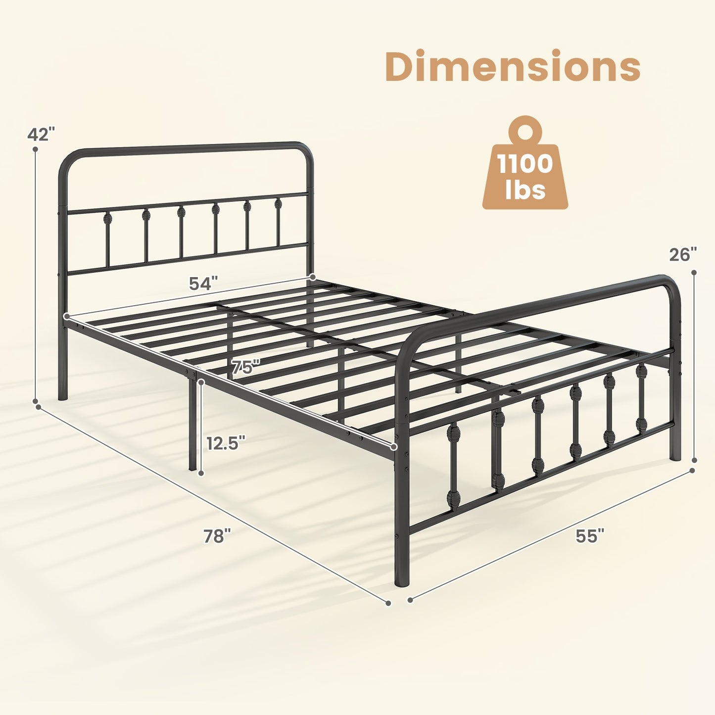 Victorian Style Metal Bed Frame with Headboard and 12.5" Underbed Storage – Full Size