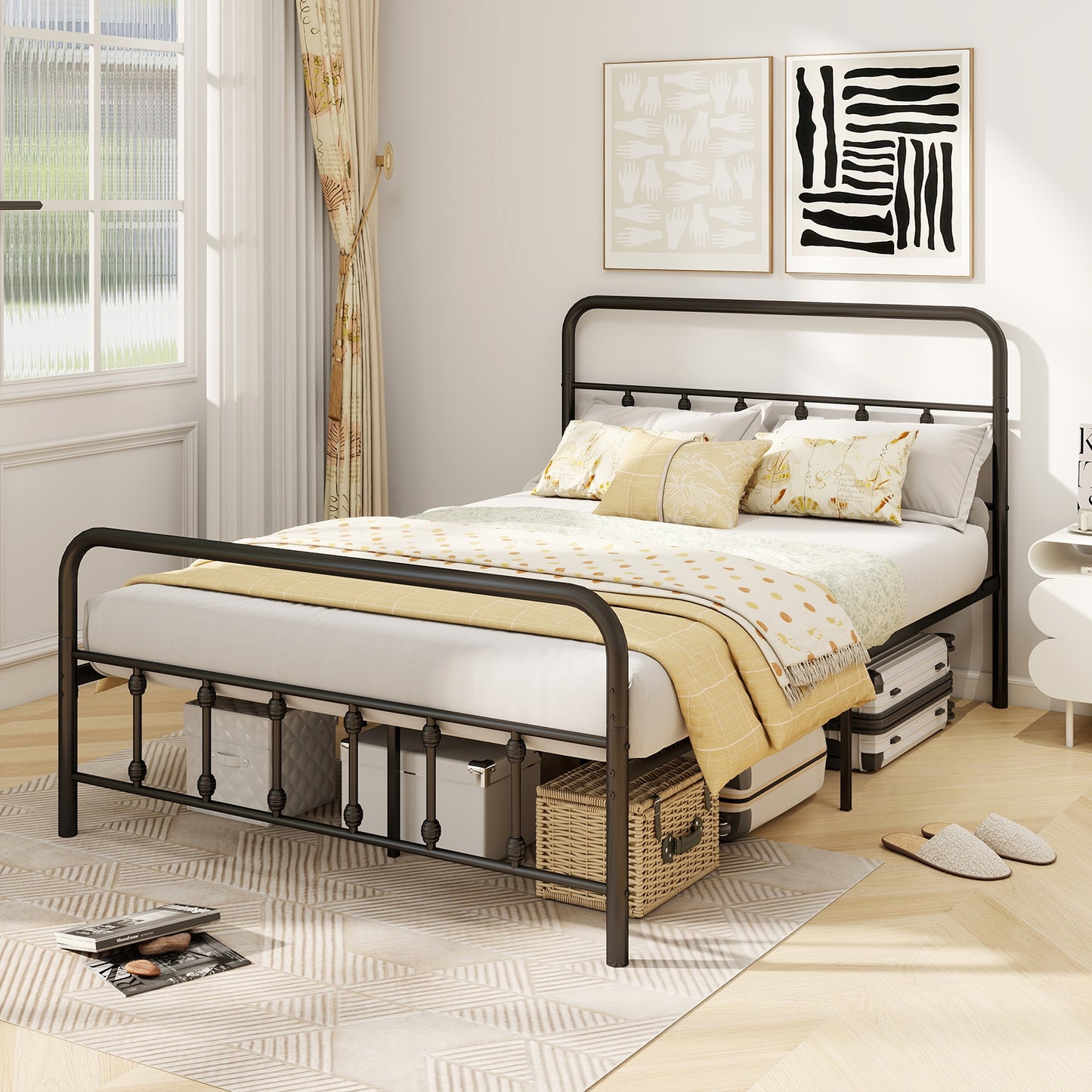Victorian Style Metal Bed Frame with Headboard and 12.5" Underbed Storage – Full Size