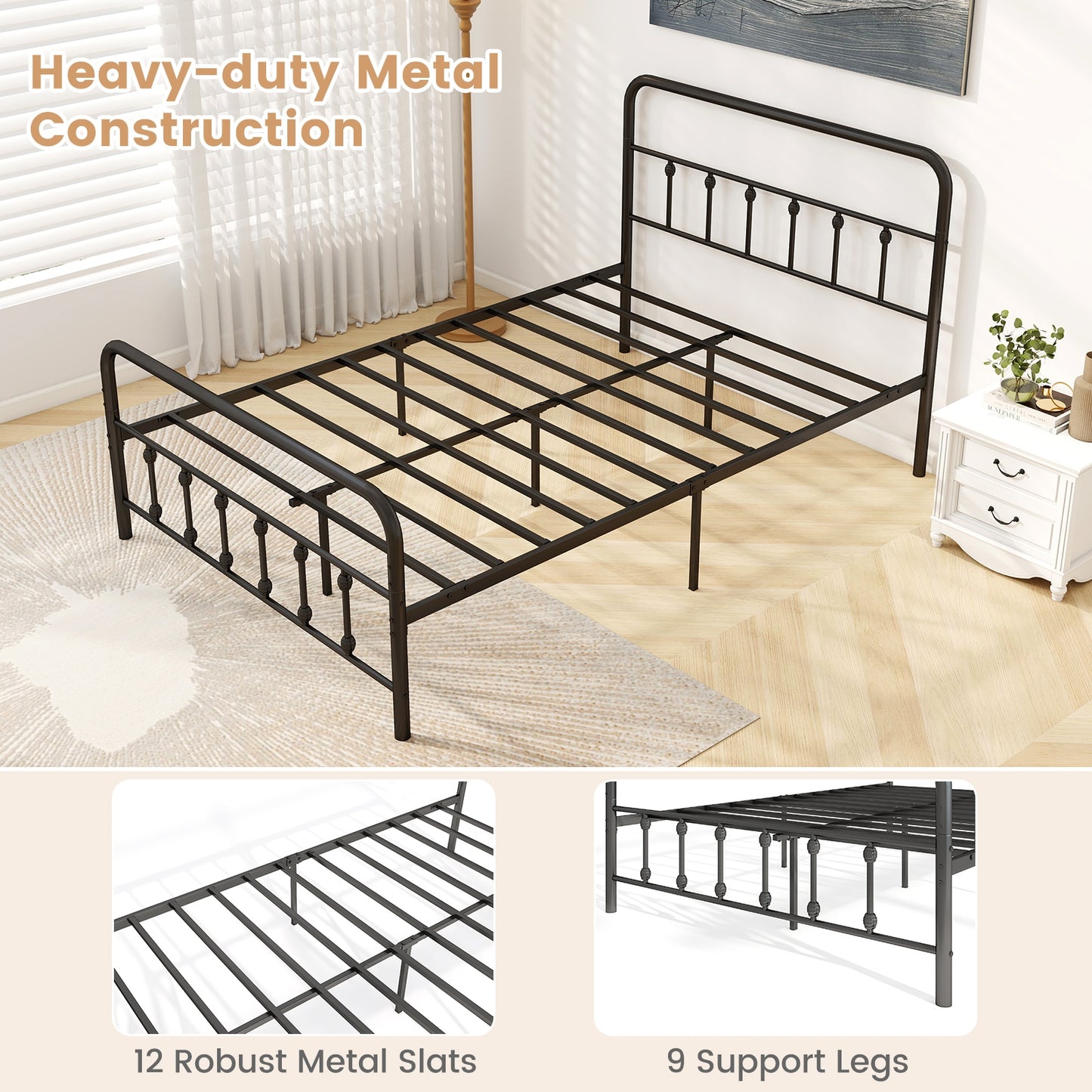 Victorian Style Metal Bed Frame with Headboard and 12.5" Underbed Storage – Full Size
