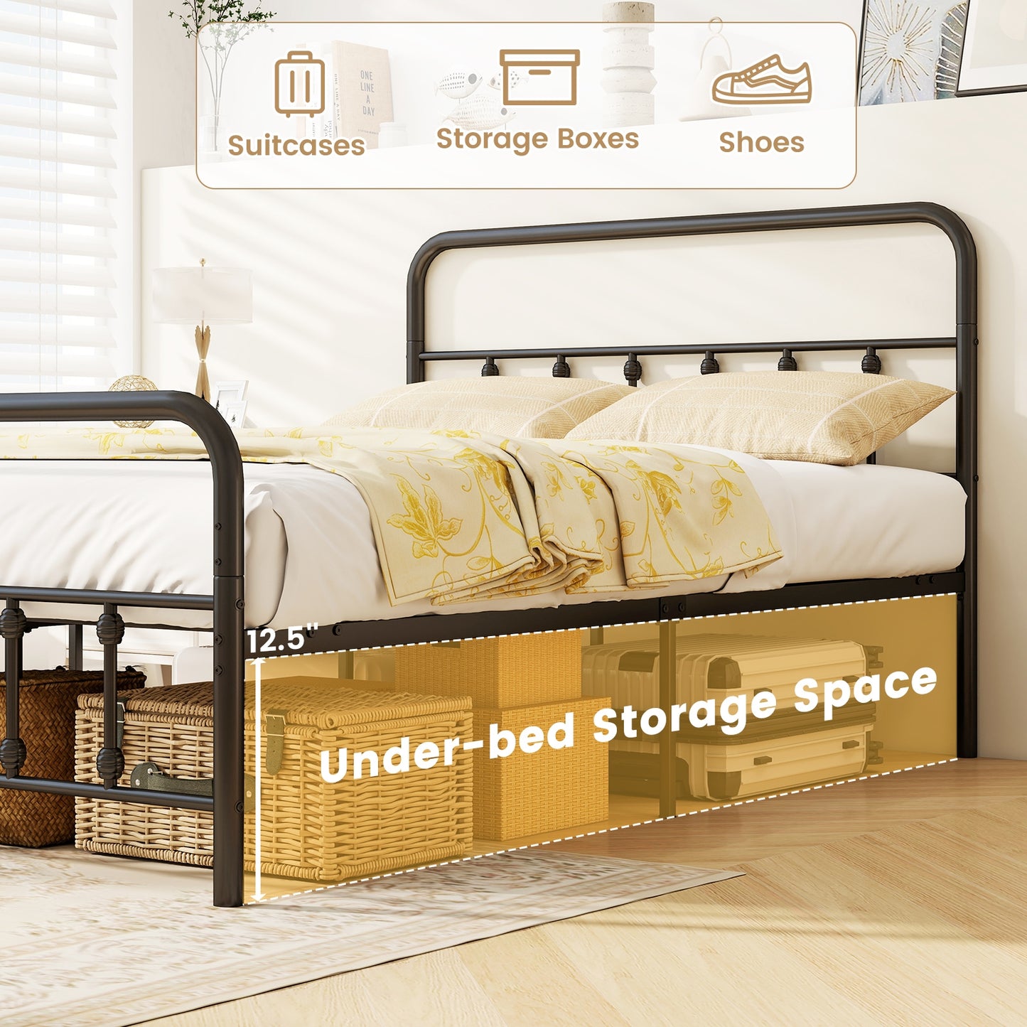Victorian Style Metal Bed Frame with Headboard and 12.5" Underbed Storage – Full Size