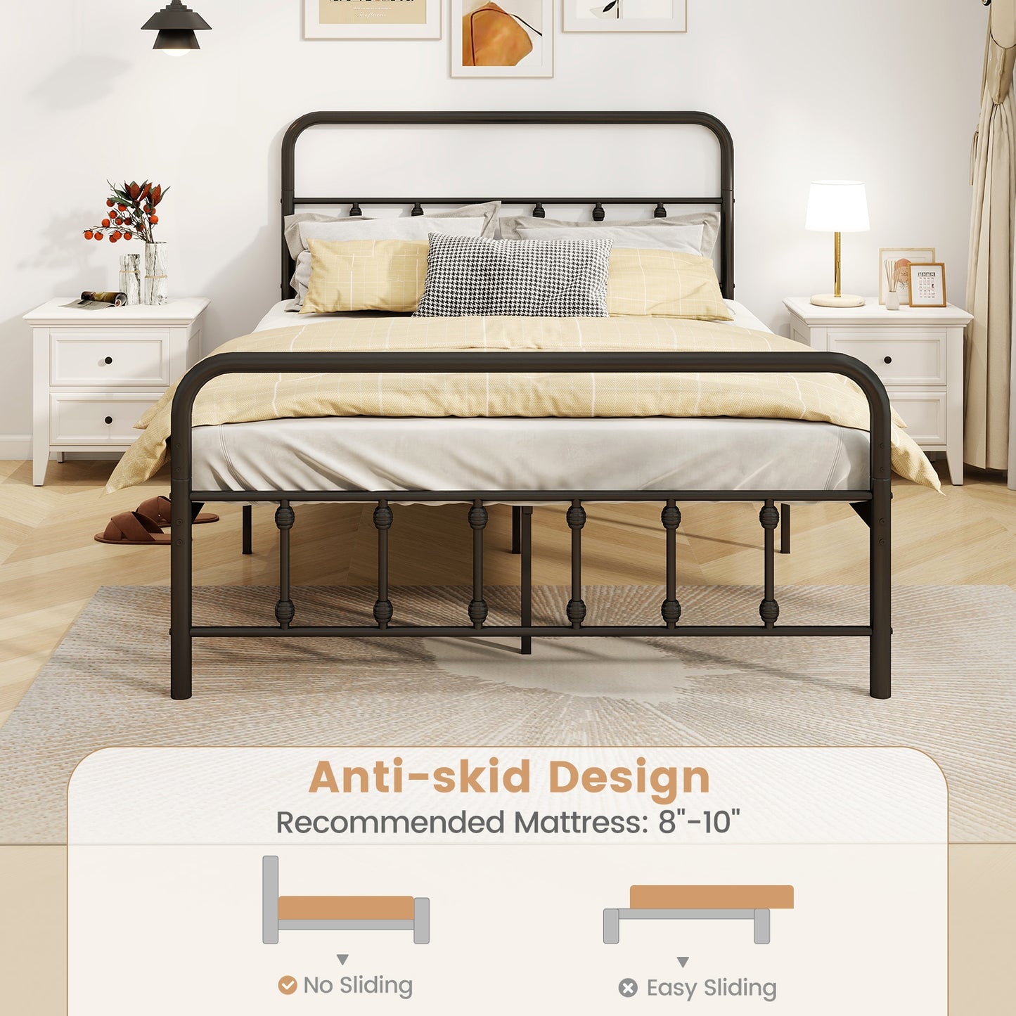 Victorian Style Metal Bed Frame with Headboard and 12.5" Underbed Storage – Full Size