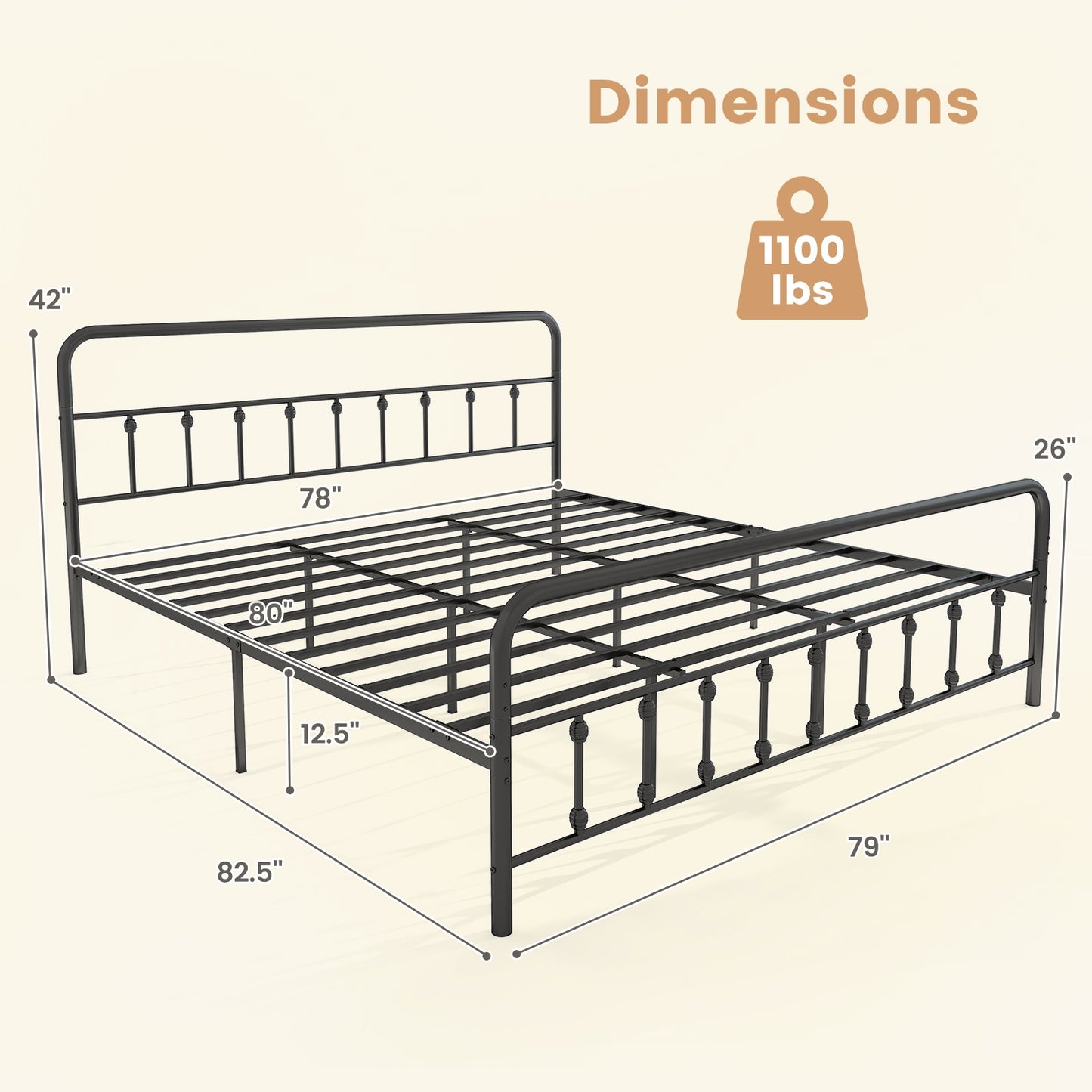 Victorian Style Metal Bed Frame with Headboard and 12.5" Underbed Storage – King Size