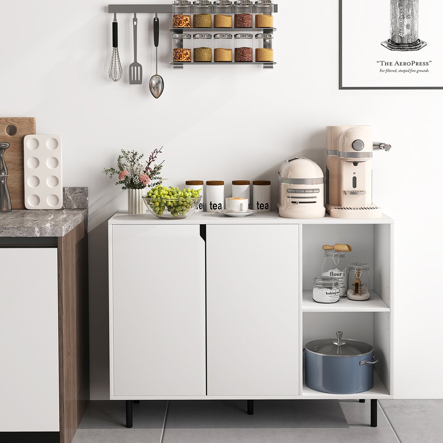42 Inch Kitchen Sideboard Buffet Cabinet with Adjustable Storage Shelves and Spacious Countertop