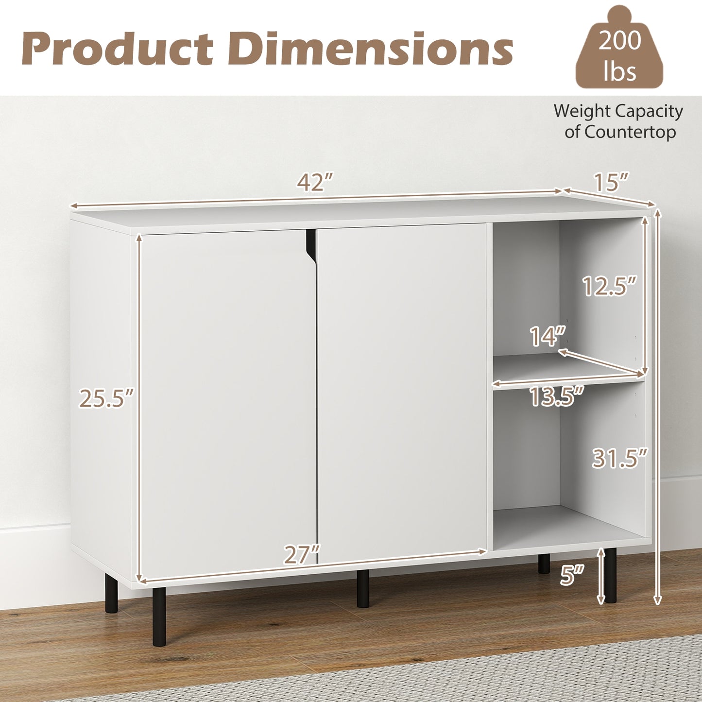 42 Inch Kitchen Sideboard Buffet Cabinet with Adjustable Storage Shelves and Spacious Countertop