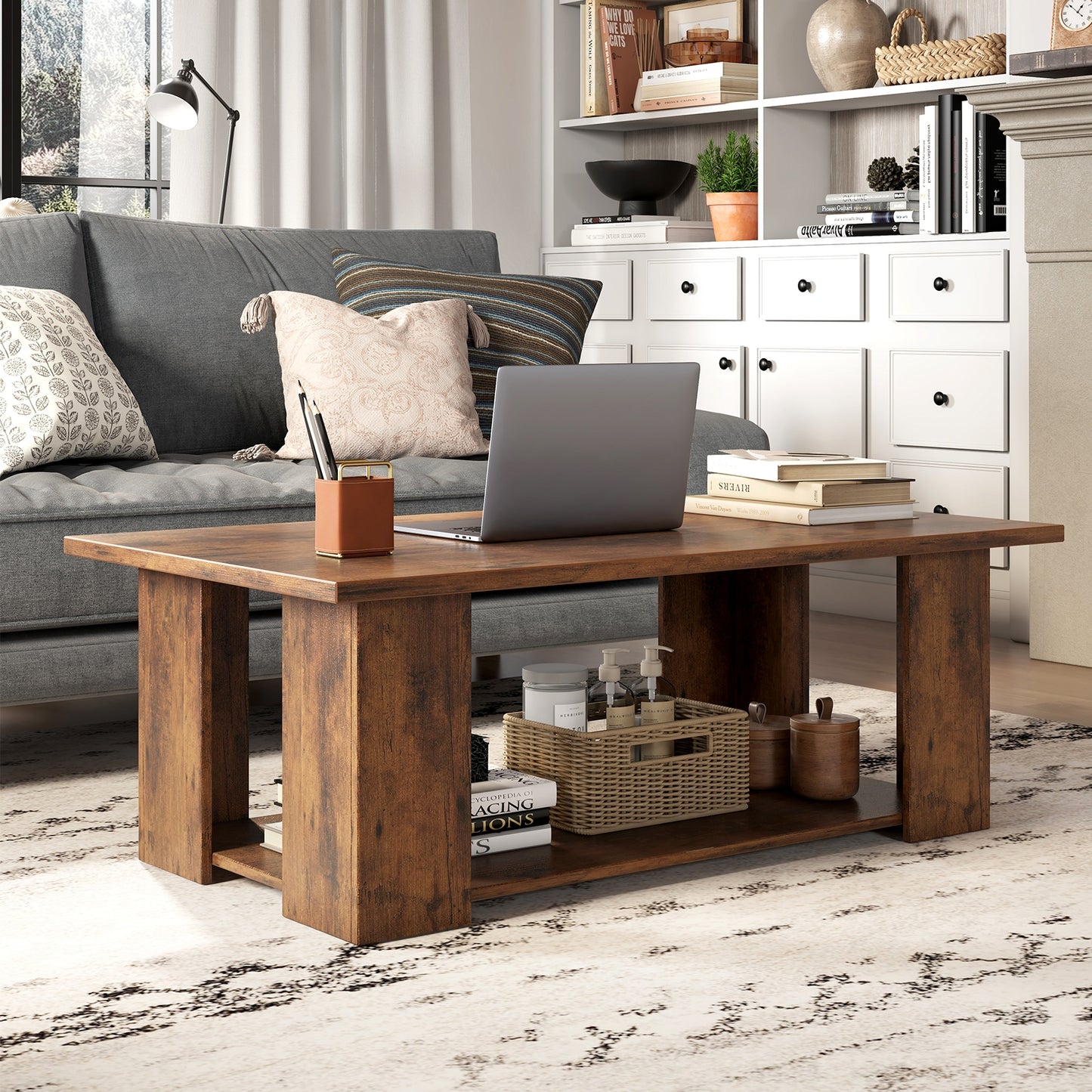 Wooden Coffee Table with Two Tier Storage Shelf Modern Brown Design