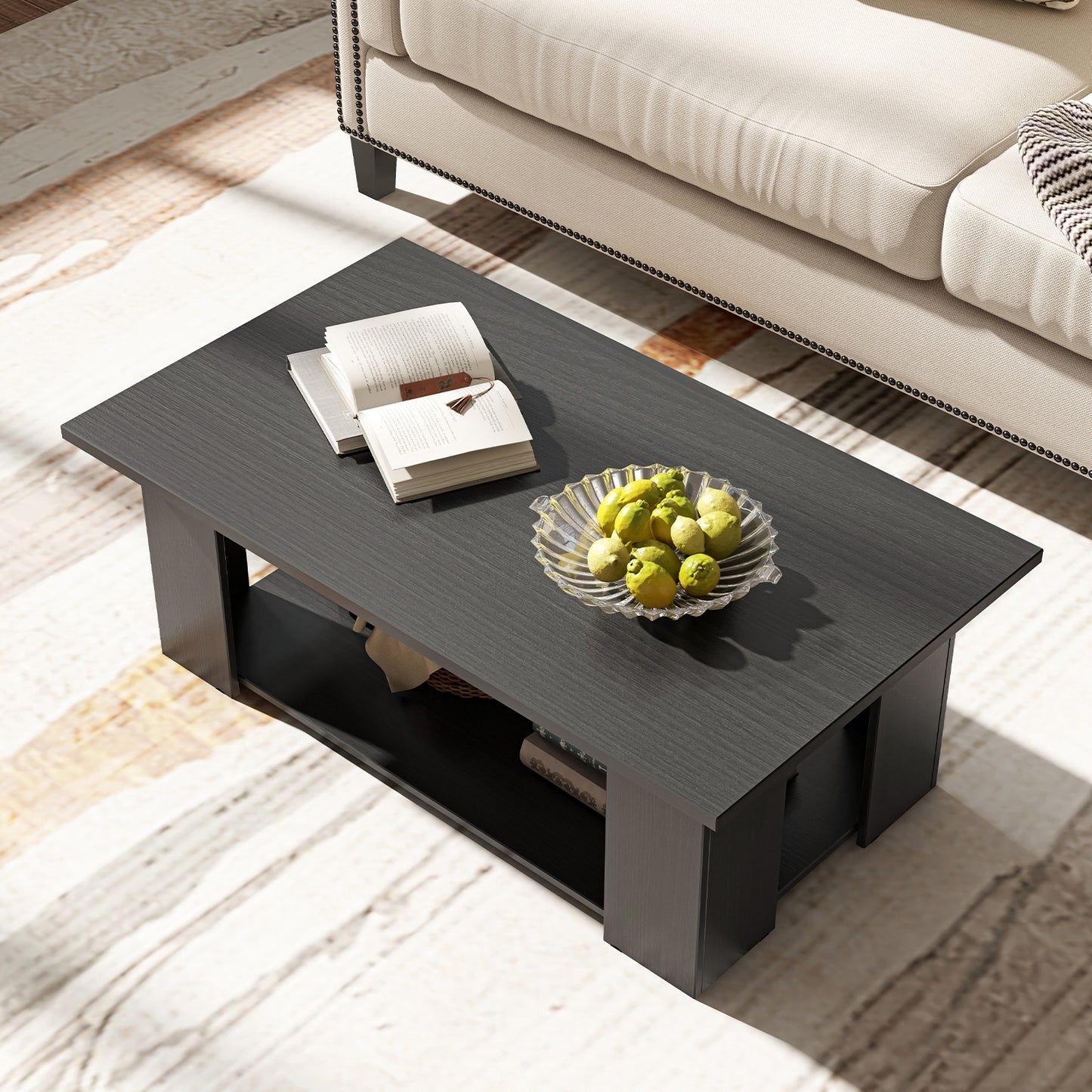 Wooden Coffee Table with Two Tier Storage Shelf Modern Black Design
