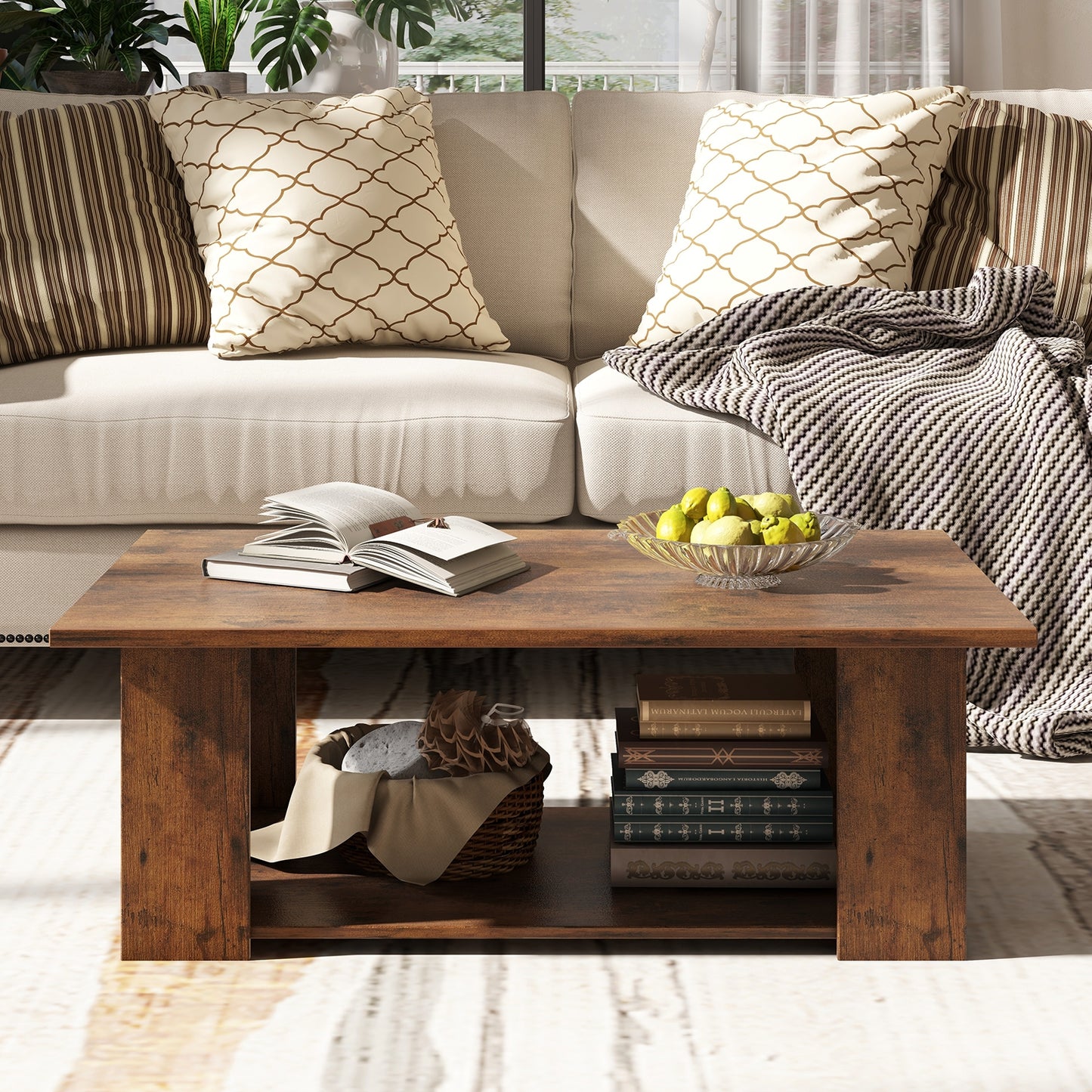 Wooden Coffee Table with Two Tier Storage Shelf Modern Brown Design