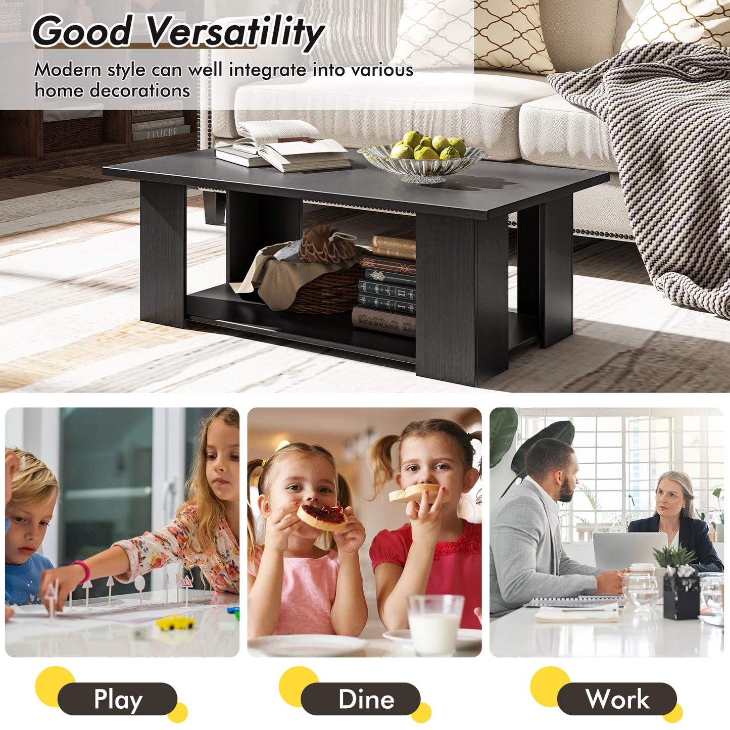Wooden Coffee Table with Two Tier Storage Shelf Modern Black Design