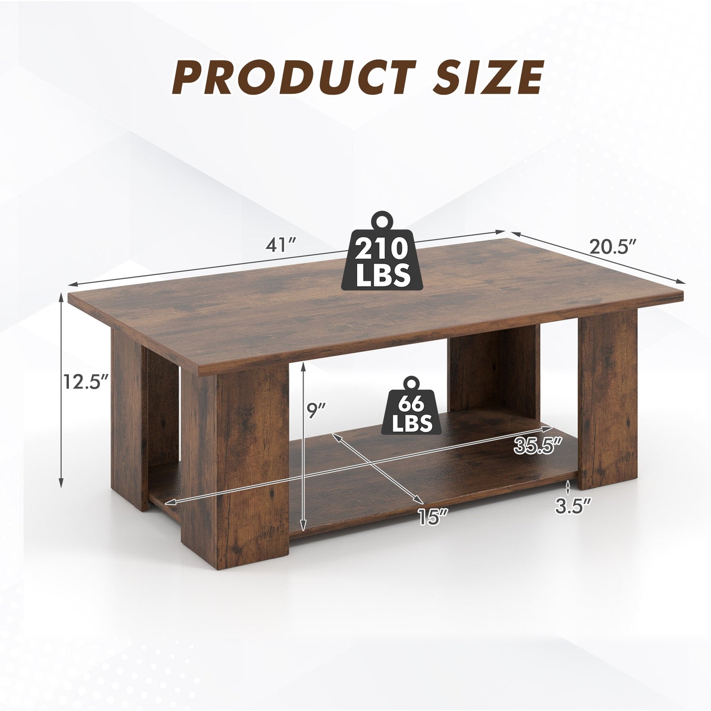 Wooden Coffee Table with Two Tier Storage Shelf Modern Brown Design