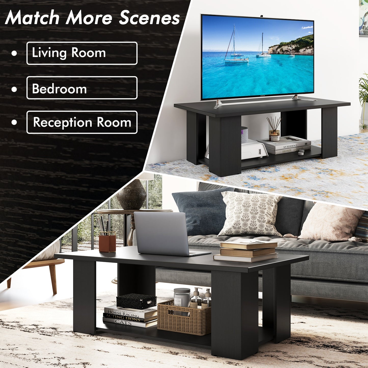 Wooden Coffee Table with Two Tier Storage Shelf Modern Black Design